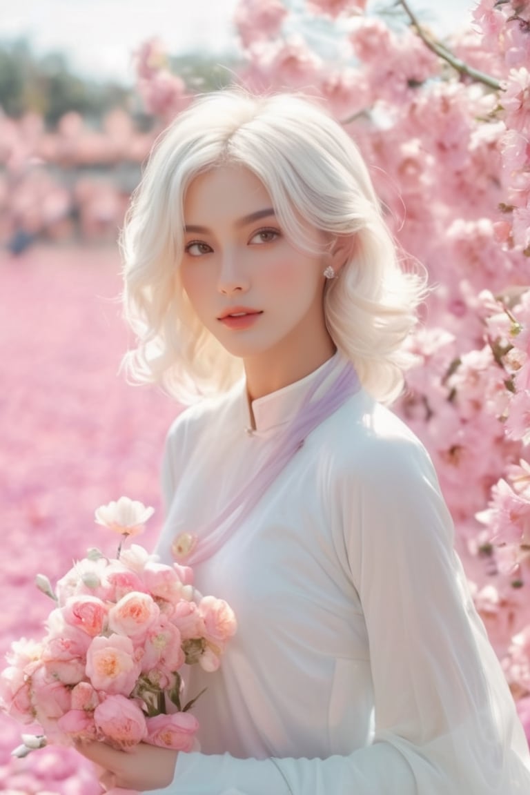 (masterpiece, best quality, niji style), (realistic, octane render, lot of details:6.3),
(full body photo :4.3), beautiful woman, korean woman, looking at the camera, (photo from head to toe:3.5),

(70s retro hairstyle:4.5),

clothing; ao dai vietnam, white ao dai, white dress, white clothings, 

long white pink pastel wavy hair, (white hair:3.5), brown eyes, beautiful eyes, closed mouth, The girl is tall and looks like a beauty queen,

hair blowing in the wind, small flower petals flying in the wind, flower petals flying in front of the girl,

(background is pink flower field of australia:1.1),

cinematic film still an awarded profesional photo of Leafwhisper, ideal body posture, perfect body proportions, hyperrealistic art, extremely high-resolution details, photographic, realism pushed to extreme, fine texture, incredibly lifelike,

different posture, up arms, ((arms up)), crazy mad aggressive face and eyes, fantasy, concept art, arms up, jump up, hands touch softly her face, (Both hands lift both tits:2.1),LinkGirl,aotac,xxmix_girl