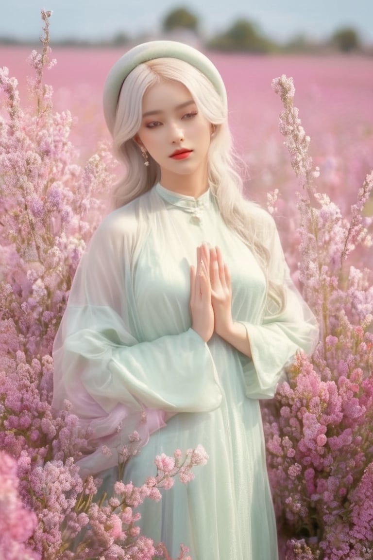 (masterpiece, best quality, niji style), (realistic, octane render, lot of details:6.3),
(full body photo :4.3), beautiful woman, korean woman, looking at the camera, (photo from head to toe:3.5),

(70s retro hairstyle:4.5),

clothing; ao dai vietnam, white ao dai, white dress, white clothings, 

long white pink pastel wavy hair, (white hair:3.5), brown eyes, beautiful eyes, closed mouth, The girl is tall and looks like a beauty queen,

hair blowing in the wind, small flower petals flying in the wind, flower petals flying in front of the girl,

(background is pink flower field of australia:1.1),

cinematic film still an awarded profesional photo of Leafwhisper, ideal body posture, perfect body proportions, hyperrealistic art, extremely high-resolution details, photographic, realism pushed to extreme, fine texture, incredibly lifelike,

different posture, up arms, ((arms up)), crazy mad aggressive face and eyes, fantasy, concept art, arms up, jump up, hands touch softly her face, (Both hands lift both tits:2.1),LinkGirl,aotac,xxmix_girl