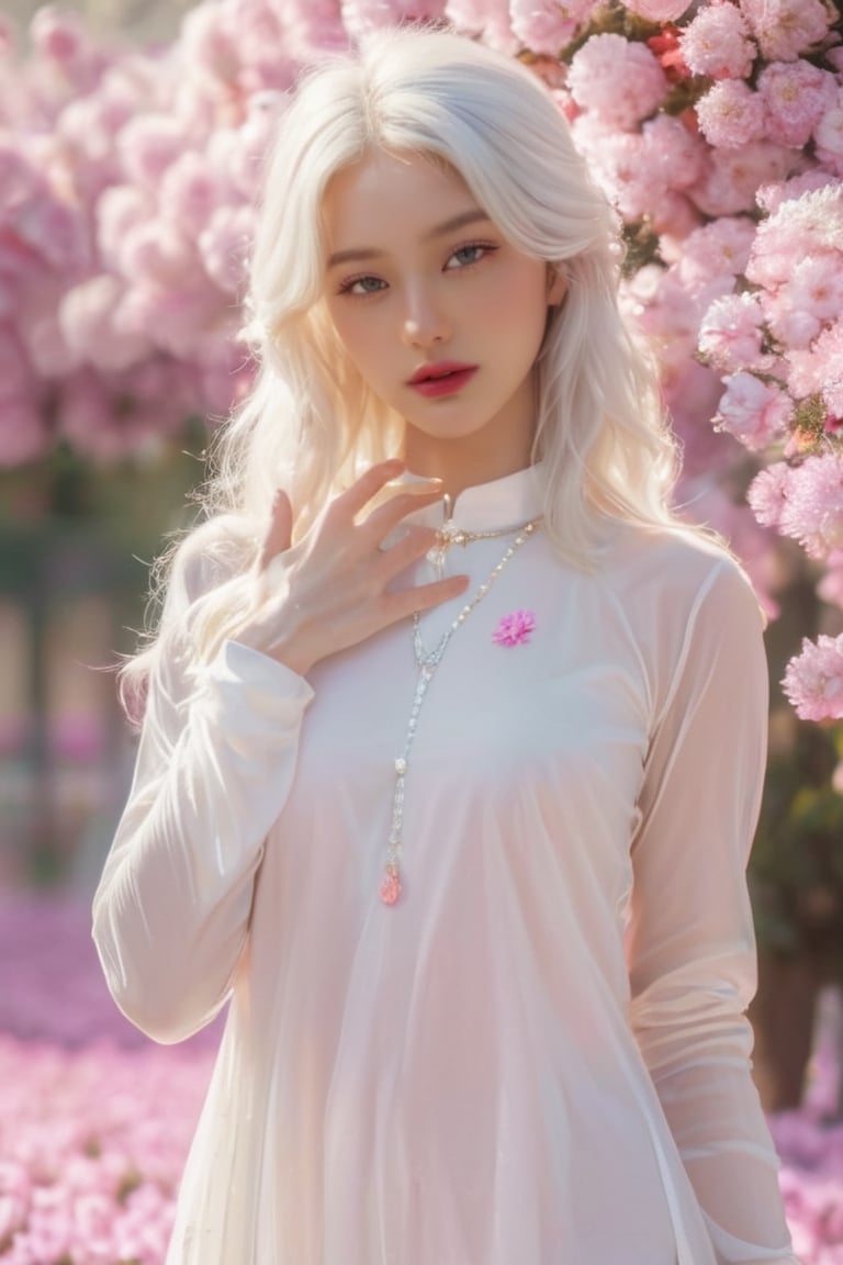 (masterpiece, best quality, niji style), (realistic, octane render, lot of details:6.3),
(full body photo :4.3), beautiful woman, korean woman, looking at the camera, (photo from head to toe:3.5),

(70s retro hairstyle:4.5),

clothing; ao dai vietnam, white ao dai, white dress, white clothings, 

long white pink pastel wavy hair, (white hair:3.5), brown eyes, beautiful eyes, closed mouth, The girl is tall and looks like a beauty queen,

hair blowing in the wind, small flower petals flying in the wind, flower petals flying in front of the girl,

(background is pink flower field of australia:1.1),

cinematic film still an awarded profesional photo of Leafwhisper, ideal body posture, perfect body proportions, hyperrealistic art, extremely high-resolution details, photographic, realism pushed to extreme, fine texture, incredibly lifelike,

different posture, up arms, ((arms up)), crazy mad aggressive face and eyes, fantasy, concept art, arms up, jump up, hands touch softly her face, (Both hands lift both tits:2.1),LinkGirl,aotac