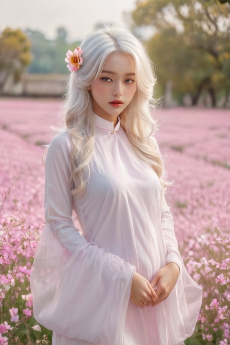 (masterpiece, best quality, niji style), (realistic, octane render, lot of details:6.3),
(full body photo :4.3), beautiful woman, korean woman, looking at the camera, (photo from head to toe:3.5),

(70s retro hairstyle:4.5),

clothing; ao dai vietnam, white ao dai, white dress, white clothings, 

long white pink pastel wavy hair, (white hair:3.5), brown eyes, beautiful eyes, closed mouth, The girl is tall and looks like a beauty queen,

hair blowing in the wind, small flower petals flying in the wind, flower petals flying in front of the girl,

(background is pink flower field of australia:1.1),

cinematic film still an awarded profesional photo of Leafwhisper, ideal body posture, perfect body proportions, hyperrealistic art, extremely high-resolution details, photographic, realism pushed to extreme, fine texture, incredibly lifelike,

different posture, up arms, ((arms up)), crazy mad aggressive face and eyes, fantasy, concept art, arms up, jump up, hands touch softly her face, (Both hands lift both tits:2.1),LinkGirl,aotac