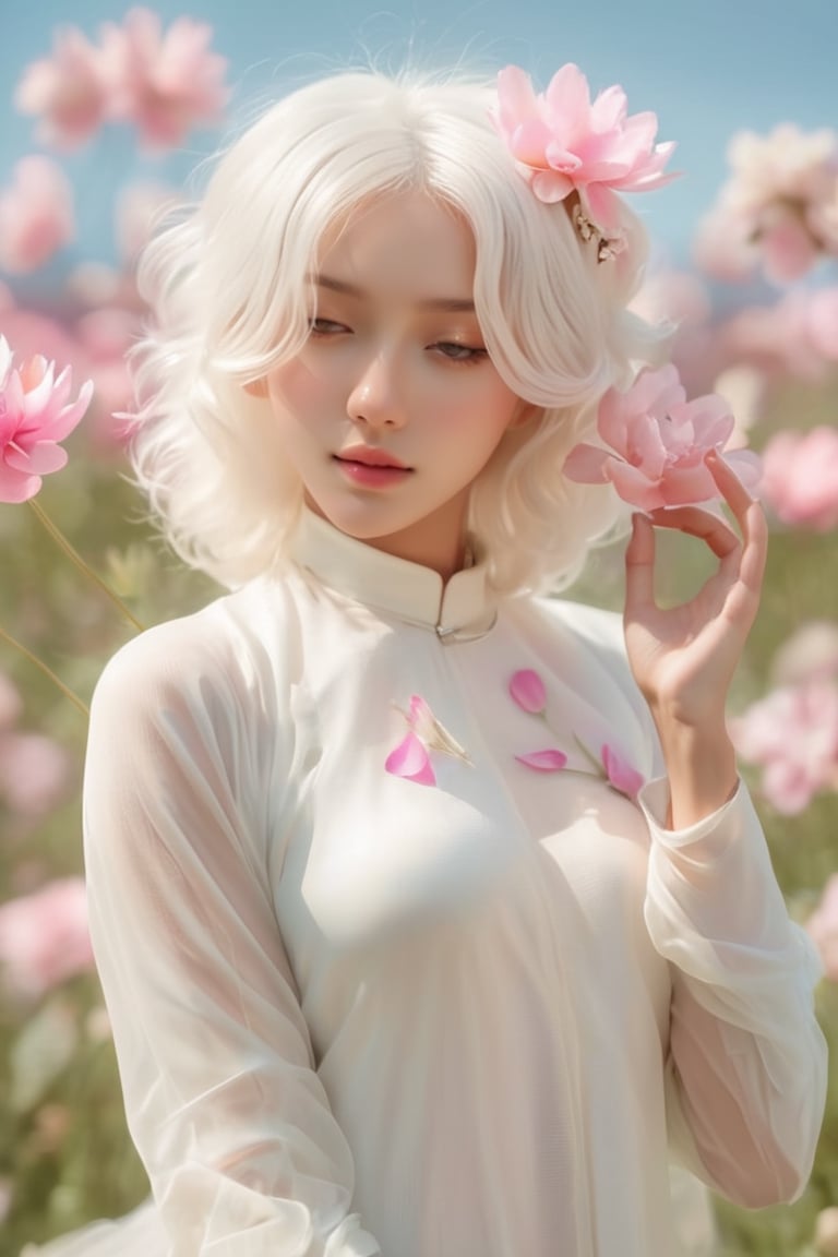 (masterpiece, best quality, niji style), (realistic, octane render, lot of details:6.3),
(full body photo :4.3), beautiful woman, korean woman, looking at the camera, (photo from head to toe:3.5),

(70s retro hairstyle:4.5),

clothing; ao dai vietnam, white ao dai, white dress, white clothings, 

long white pink pastel wavy hair, (white hair:3.5), brown eyes, beautiful eyes, closed mouth, The girl is tall and looks like a beauty queen,

hair blowing in the wind, small flower petals flying in the wind, flower petals flying in front of the girl,

(background is pink flower field of australia:1.1),

cinematic film still an awarded profesional photo of Leafwhisper, ideal body posture, perfect body proportions, hyperrealistic art, extremely high-resolution details, photographic, realism pushed to extreme, fine texture, incredibly lifelike,

different posture, up arms, ((arms up)), crazy mad aggressive face and eyes, fantasy, concept art, arms up, jump up, hands touch softly her face, (Both hands lift both tits:2.1),LinkGirl,aotac,xxmix_girl