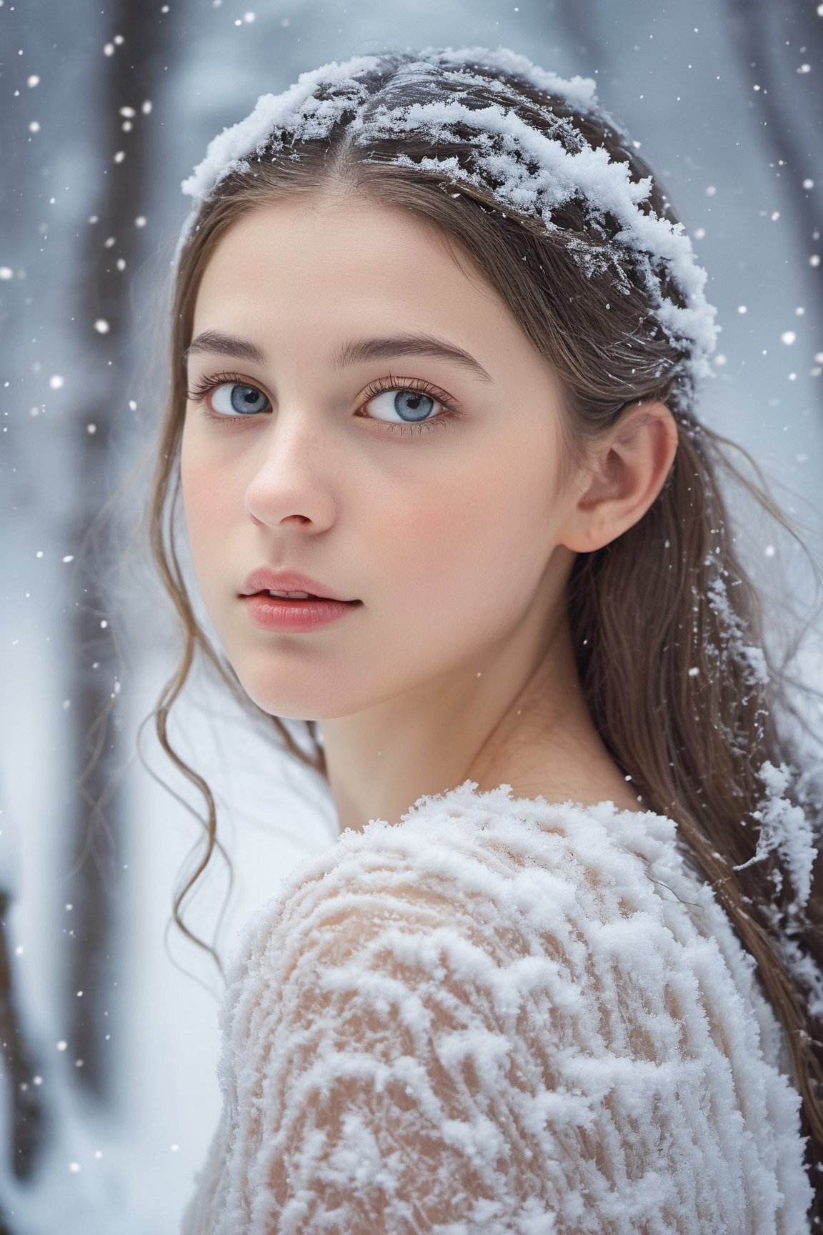 Capture the essence of a winter wonderland with an upper realistic image of a girl gracefully standing under a snowfall. Her delicate features are highlighted by the soft glow of the falling snowflakes, creating a mesmerizing and ethereal aura. The scene is set in a picturesque landscape adorned with glistening snow-covered trees and a hushed tranquility. The girl's eyes reflect a sense of wonder and innocence, as she takes in the enchanting beauty around her. The image is digitally painted to showcase intricate details and textures, bringing the scene to life with a dreamlike quality. The lighting is a soft, diffused glow, casting a warm and inviting ambiance. The camera perspective captures the girl from a slightly low angle, emphasizing her delicate silhouette against the snowy backdrop. The image is finely detailed, allowing for an ultra-resolution experience, immersing viewers in the captivating beauty of a winter wonderland.