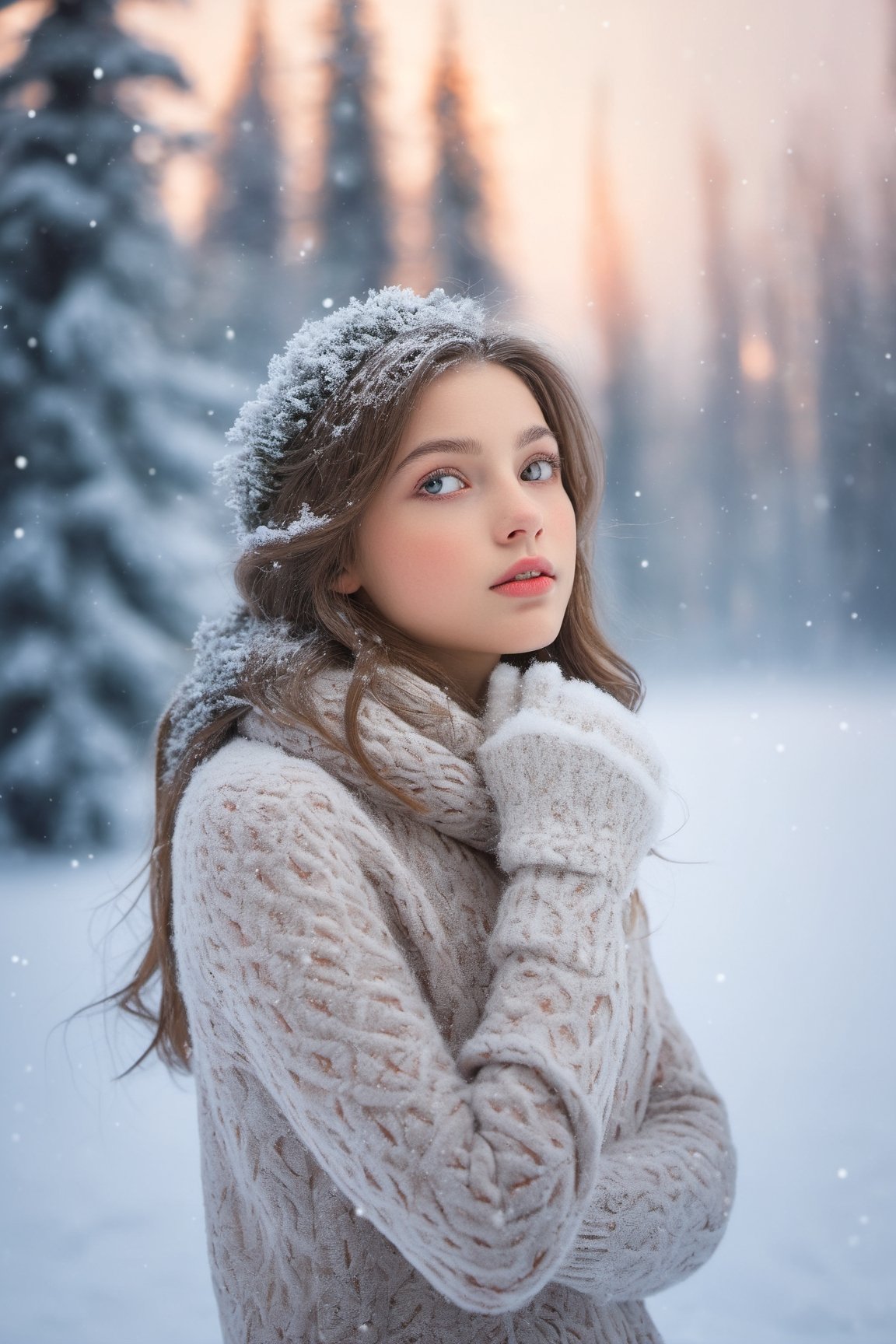 Capture the essence of a winter wonderland with an upper realistic image of a girl gracefully standing under a snowfall. Her delicate features are highlighted by the soft glow of the falling snowflakes, creating a mesmerizing and ethereal aura. The scene is set in a picturesque landscape adorned with glistening snow-covered trees and a hushed tranquility. The girl's eyes reflect a sense of wonder and innocence, as she takes in the enchanting beauty around her. The image is digitally painted to showcase intricate details and textures, bringing the scene to life with a dreamlike quality. The lighting is a soft, diffused glow, casting a warm and inviting ambiance. The camera perspective captures the girl from a slightly low angle, emphasizing her delicate silhouette against the snowy backdrop. The image is finely detailed, allowing for an ultra-resolution experience, immersing viewers in the captivating beauty of a winter wonderland.