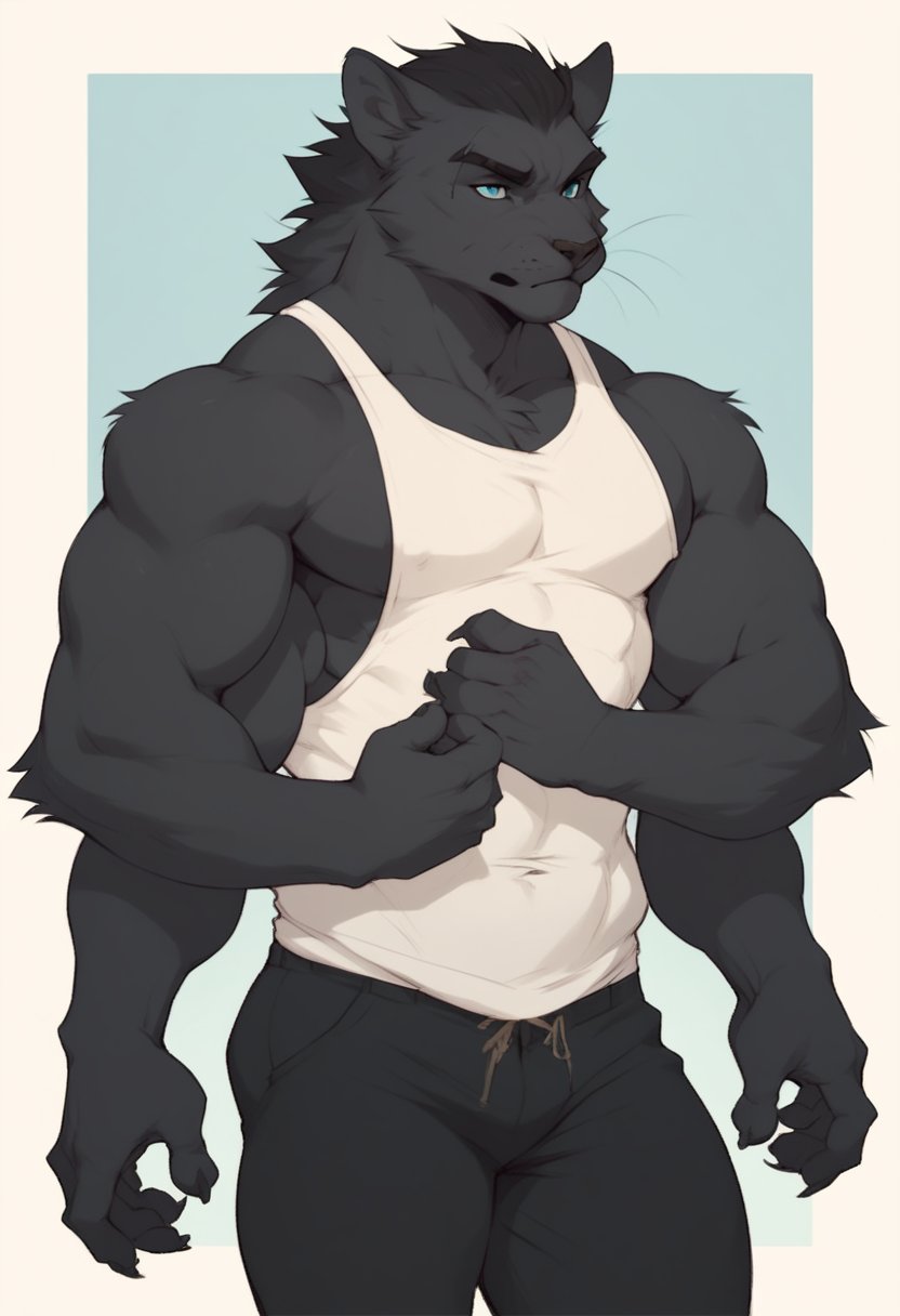 score_9, score_8_up, score_7_up, BREAK,score_9_up score_8_up, midnight fur, anthro_feline, (4 arms), 4 hands, fit body, muscular legs, semi muscular arms, tank top, pirate outfit, charcoal hair, deep blue eyes, bodybuilder pose, male