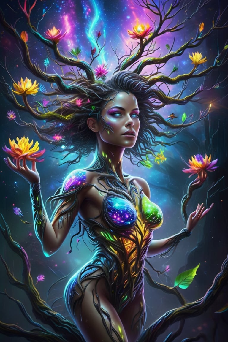 masterpiece, abstract art, sharp focus, intricate, epic light, very intense colors, vibrant colors, chromatic aberration, beautiful volumetric lighting, UHD, 8K, a very beautiful and sexy woman transforming into a tree with neon branches, bright leaves and flowers, thorns, creepers, powerful aura, (constellation: milky way), fog, (past: nature), (present: human), (future: AI), ((fusion of past, present and future)), creation of AI, science fiction, neural circuits, neon lights, (neonpunk), paranormal, mystery, evolution, uncertain future, source code, human thinking, high technology,more detail XL,Glass Elements,(Transperent Parts),oil paint,oil painting