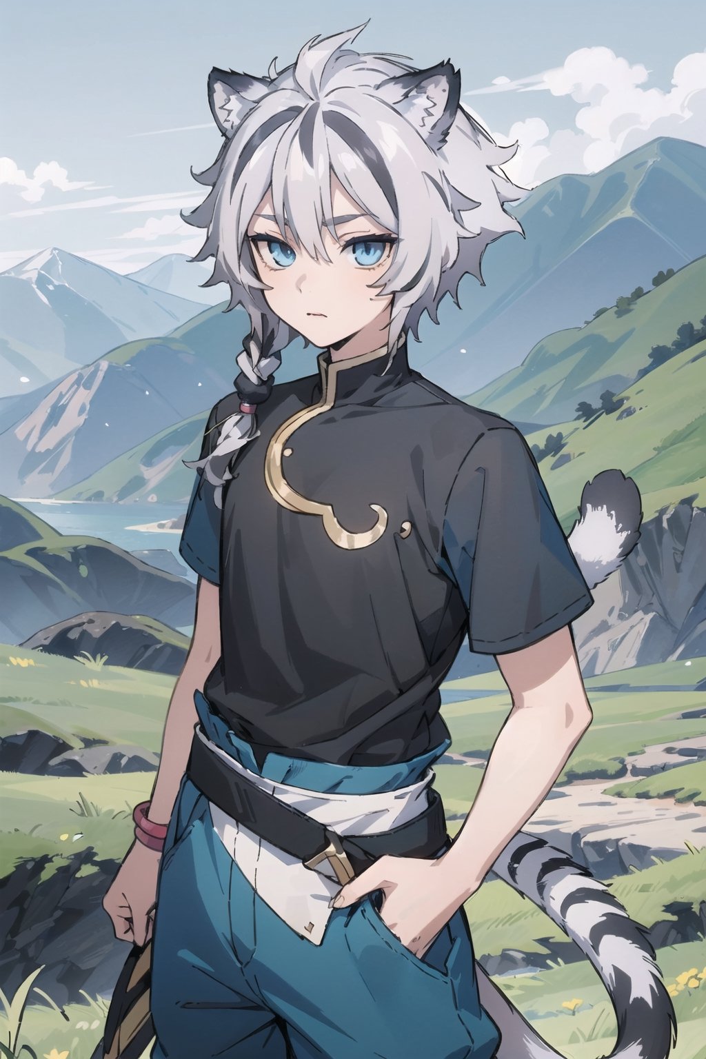 digital illustration, Fohl Fayon, tiger boy, tiger tail, two tone hair, white hair, black hair, tiger ears, hair, blue eyes, blue pants, blue shirt, (Mountains), (boy's face)