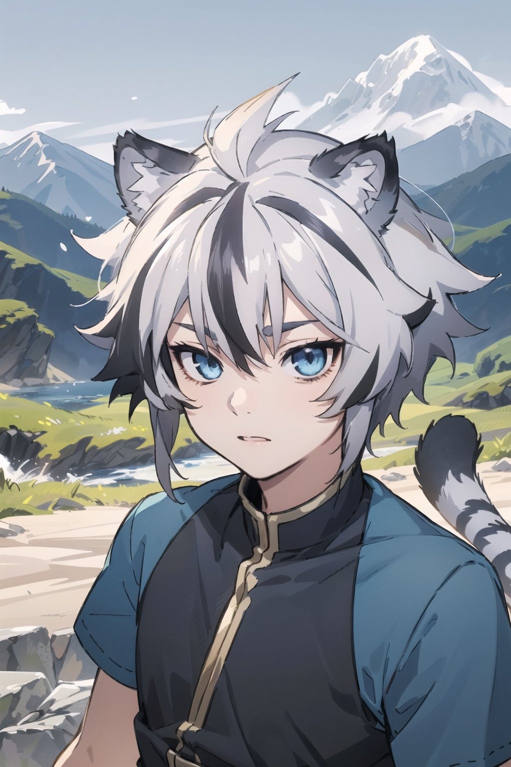 digital illustration, Fohl Fayon, tiger boy, tiger tail, two tone hair, white hair, black hair, tiger ears, hair, blue eyes, blue pants, blue shirt, (Mountains), (boy's face)