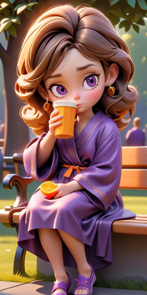 A young woman 5 years old.sits on a park bench in the morning.cartoon 3D.4K.realistic.image 9:16.She wears a purple robe and has messy, unkempt hair. Her eyes look tired and sleepy. One hand props up her head while the other holds a cup of orange juice. She appears in need of rest or coffee. Around the bench, there are books and a coffee cup. The atmosphere is quiet and refreshing.