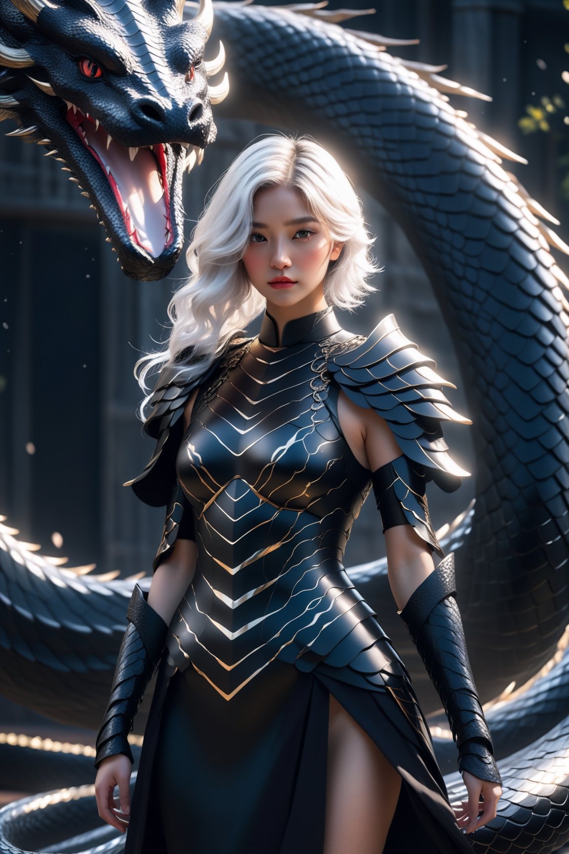 A young woman wearing a black armor-dress, she has black wavy hair with a streak of white hair, around her a powerful serpent is her dragon, fantasy art, raytraced, light particles,AI_Misaki