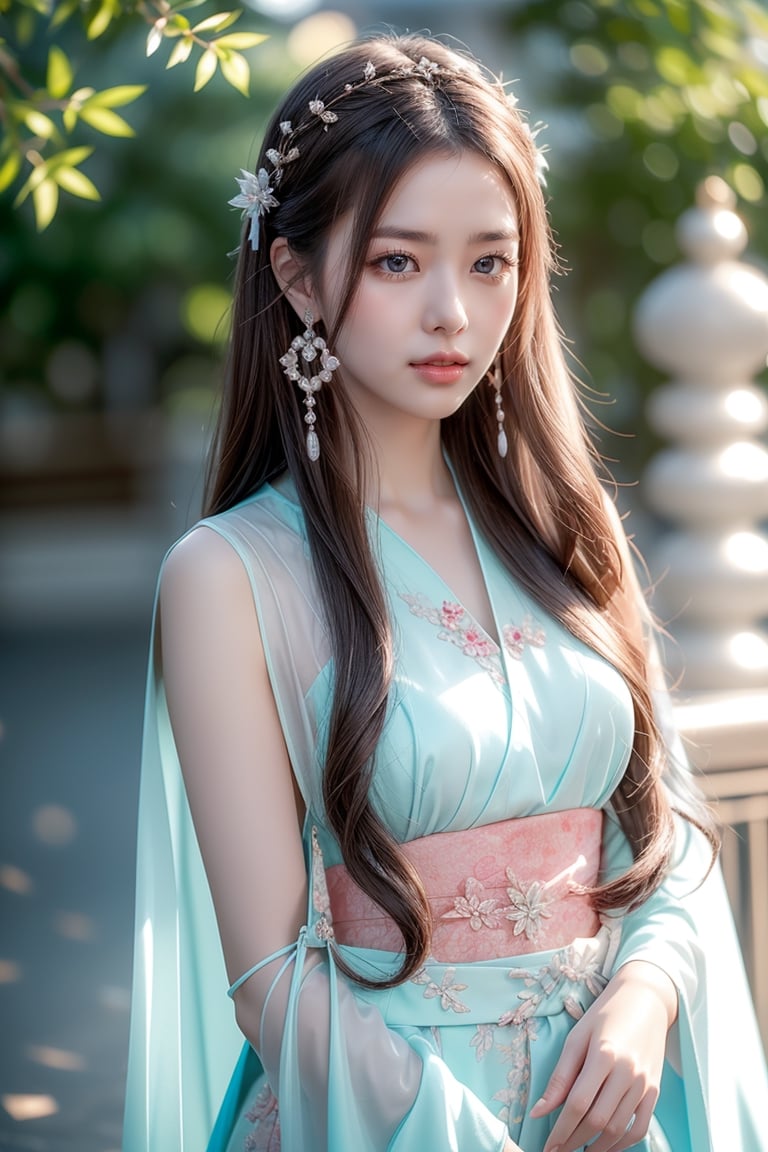 The background is chinese palace garden,midnight,moon,milky way,snow,16 yo, 1 girl,beautiful korean girl,shining bracelet,beautiful hanfu(white, transparent),cape, solo, {beautiful and detailed eyes}, calm expression, natural and soft light, delicate facial features,very small earrings, ((model pose)), Glamor body type, (dark hair:1.2),  beehive,very_long_hair, hair past hip, curly hair, flim grain, realhands, masterpiece, Best Quality, photorealistic, ultra-detailed, finely detailed, high resolution, perfect dynamic composition, beautiful detailed eyes, eye smile, ((nervous and embarrassed)), sharp-focus, full_body, sexy pose,cowboy_shot,ruanyi0060,colorful_girl_v2