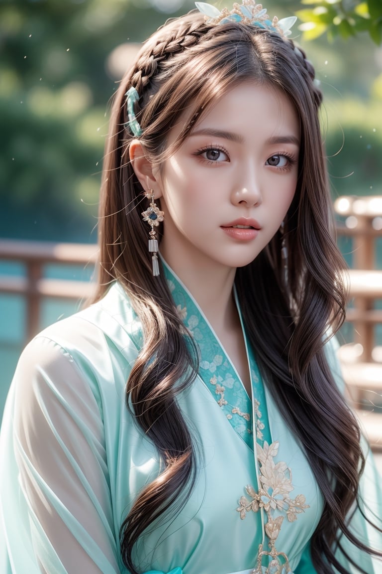 The background is chinese palace garden,midnight,moon,milky way,snow,16 yo, 1 girl,beautiful korean girl,shining bracelet,beautiful hanfu(white, transparent),cape, solo, {beautiful and detailed eyes}, calm expression, natural and soft light, delicate facial features,very small earrings, ((model pose)), Glamor body type, (dark hair:1.2),  beehive,very_long_hair, hair past hip, curly hair, flim grain, realhands, masterpiece, Best Quality, photorealistic, ultra-detailed, finely detailed, high resolution, perfect dynamic composition, beautiful detailed eyes, eye smile, ((nervous and embarrassed)), sharp-focus, full_body, sexy pose,cowboy_shot,ruanyi0060,colorful_girl_v2