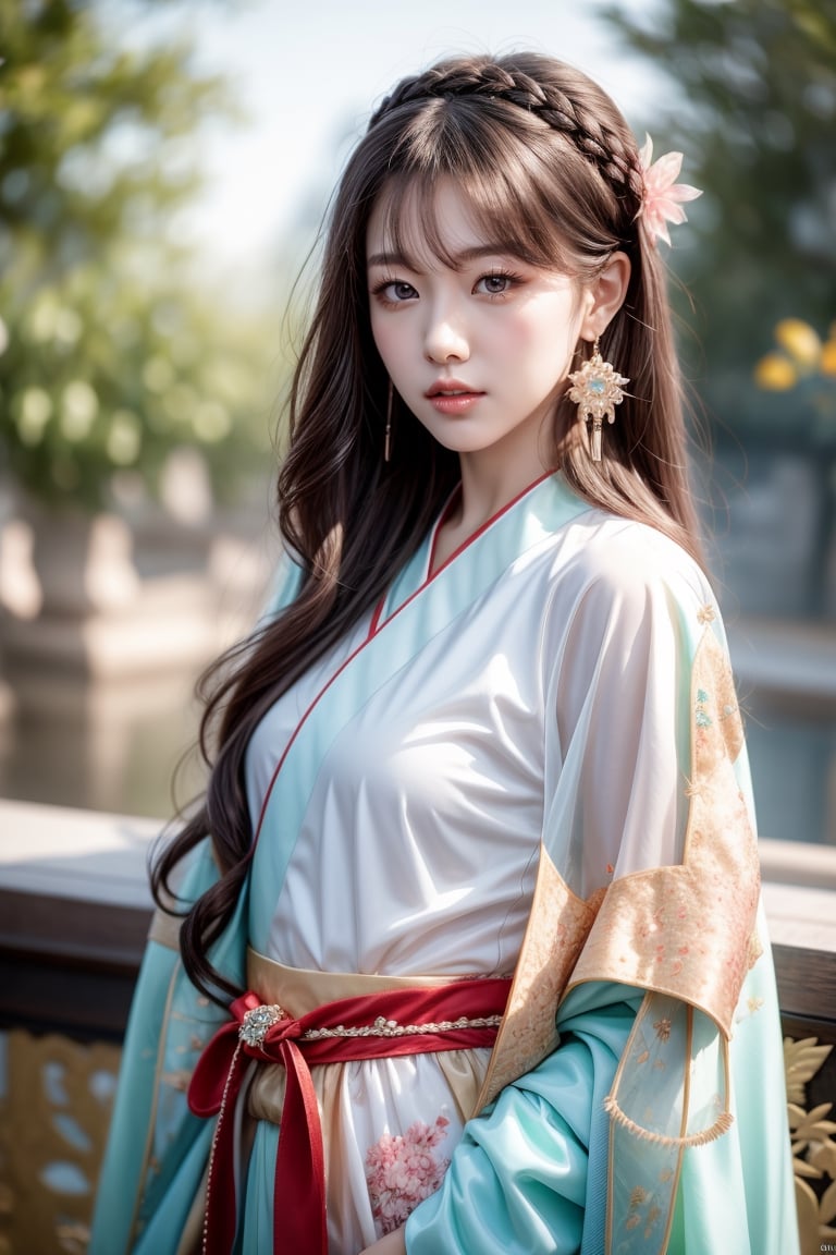 The background is chinese palace garden,midnight,moon,milky way,snow,16 yo, 1 girl,beautiful korean girl,shining bracelet,beautiful hanfu(white, transparent),cape, solo, {beautiful and detailed eyes}, calm expression, natural and soft light, delicate facial features,very small earrings, ((model pose)), Glamor body type, (dark hair:1.2),  beehive,very_long_hair, hair past hip, curly hair, flim grain, realhands, masterpiece, Best Quality, photorealistic, ultra-detailed, finely detailed, high resolution, perfect dynamic composition, beautiful detailed eyes, eye smile, ((nervous and embarrassed)), sharp-focus, full_body, sexy pose,cowboy_shot,ruanyi0060,colorful_girl_v2