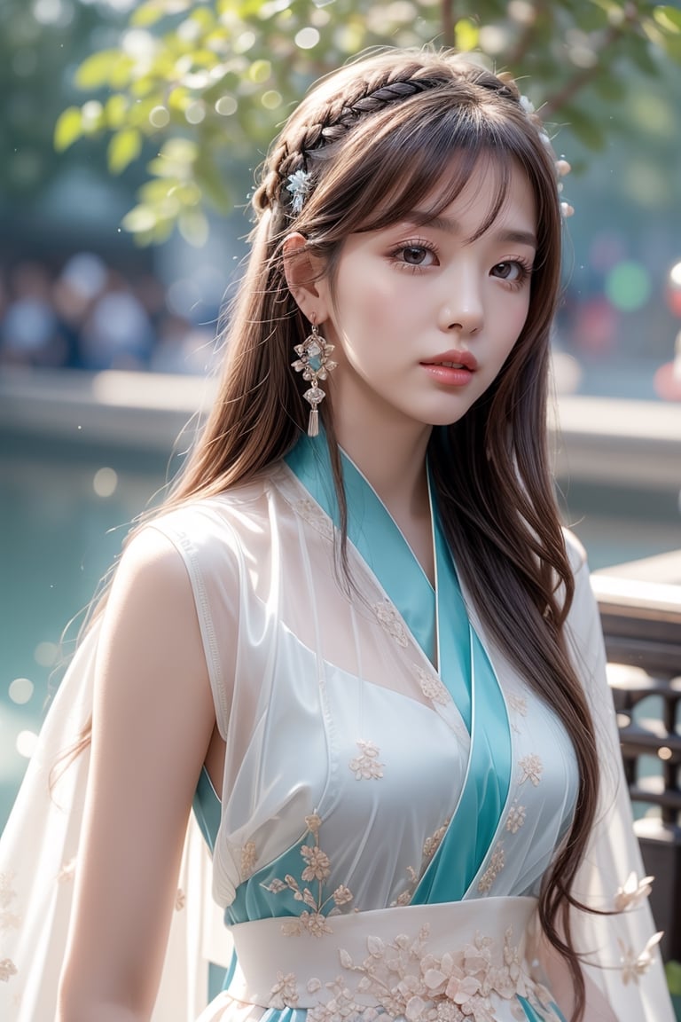 The background is chinese palace garden,midnight,moon,milky way,snow,16 yo, 1 girl,beautiful korean girl,shining bracelet,beautiful hanfu(white, transparent),cape, solo, {beautiful and detailed eyes}, calm expression, natural and soft light, delicate facial features,very small earrings, ((model pose)), Glamor body type, (dark hair:1.2),  beehive,very_long_hair, hair past hip, curly hair, flim grain, realhands, masterpiece, Best Quality, photorealistic, ultra-detailed, finely detailed, high resolution, perfect dynamic composition, beautiful detailed eyes, eye smile, ((nervous and embarrassed)), sharp-focus, full_body, sexy pose,cowboy_shot,ruanyi0060,colorful_girl_v2