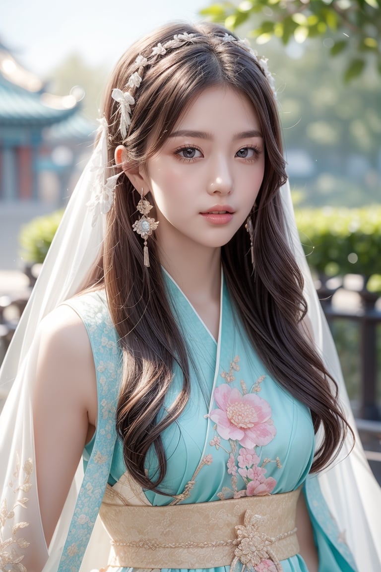 The background is chinese palace garden,midnight,moon,milky way,snow,16 yo, 1 girl,beautiful korean girl,shining bracelet,beautiful hanfu(white, transparent),cape, solo, {beautiful and detailed eyes}, calm expression, natural and soft light, delicate facial features,very small earrings, ((model pose)), Glamor body type, (dark hair:1.2),  beehive,very_long_hair, hair past hip, curly hair, flim grain, realhands, masterpiece, Best Quality, photorealistic, ultra-detailed, finely detailed, high resolution, perfect dynamic composition, beautiful detailed eyes, eye smile, ((nervous and embarrassed)), sharp-focus, full_body, sexy pose,cowboy_shot,ruanyi0060,colorful_girl_v2