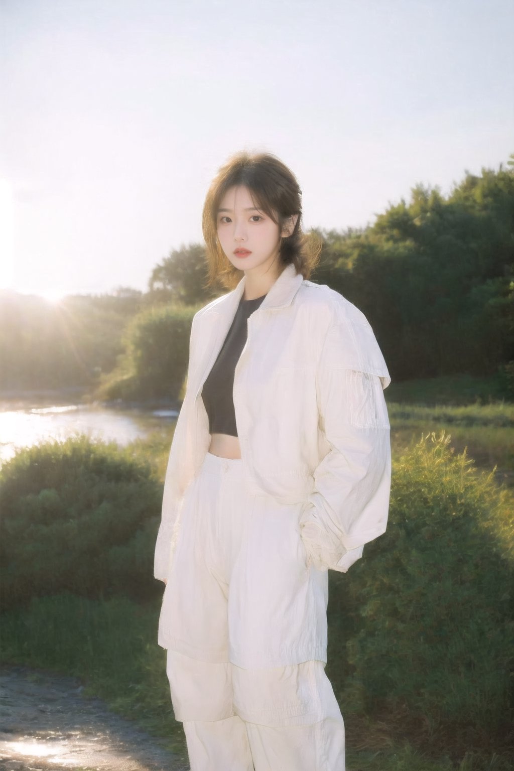 Korean k-pop beauty, 90s Y2K white baggy pants, white windbreaker jacket, white cropped top with design, Japanese classic art Panasonic retro HEADSET, hands in her pockets, mid length layered cut with straight bangs brown hair, stylish makeup, fashion hairstyle, short hairstyles, glows in the golden light of the setting sun, sunset, dreamgirl,1girl,solo, resort, sea side