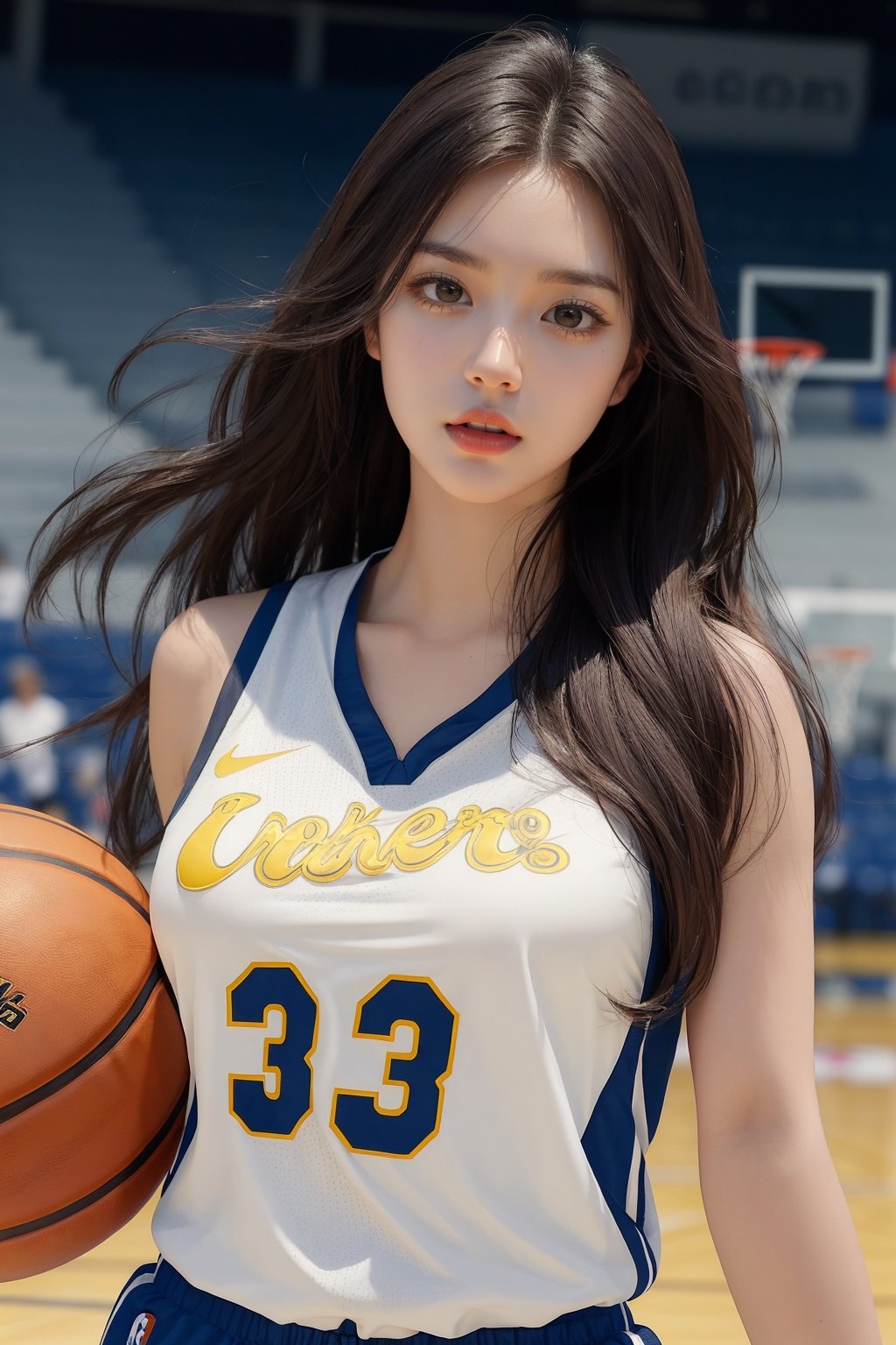 masterpiece, best quality, highly detailed, long hair, photorealistic, breasts, basketball outfit