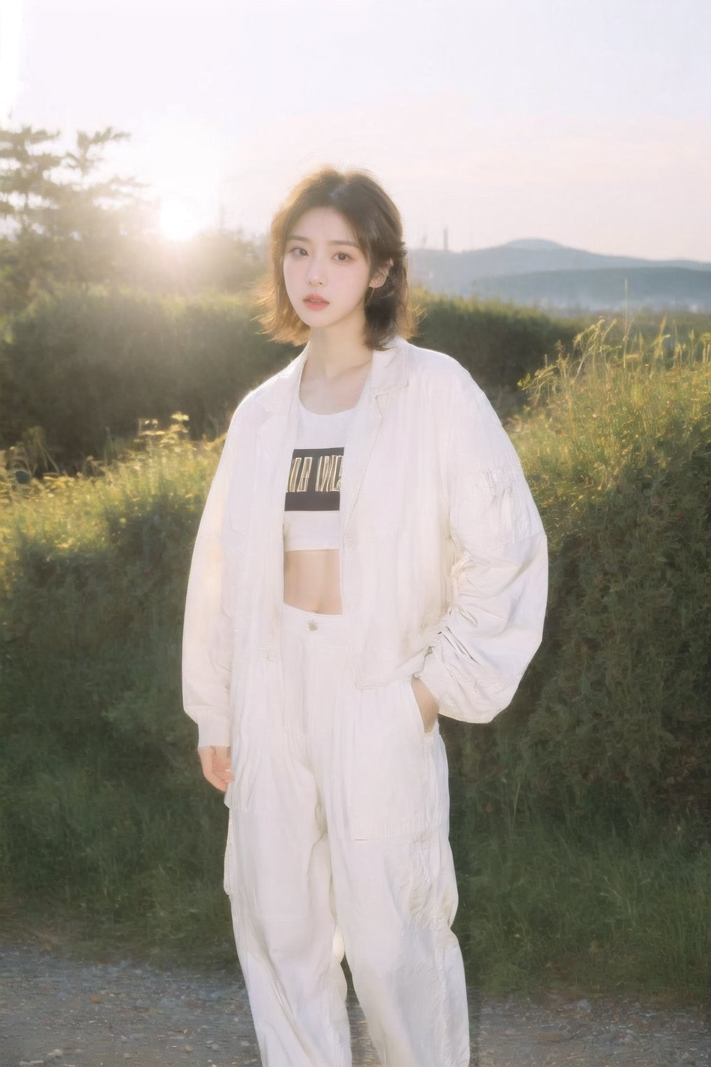 Korean k-pop beauty, 90s Y2K white baggy pants, white windbreaker jacket, white cropped top with design, Japanese classic art Panasonic retro HEADSET, hands in her pockets, mid length layered cut with straight bangs brown hair, stylish makeup, fashion hairstyle, short hairstyles, glows in the golden light of the setting sun, sunset, dreamgirl,1girl,solo, resort, sea side