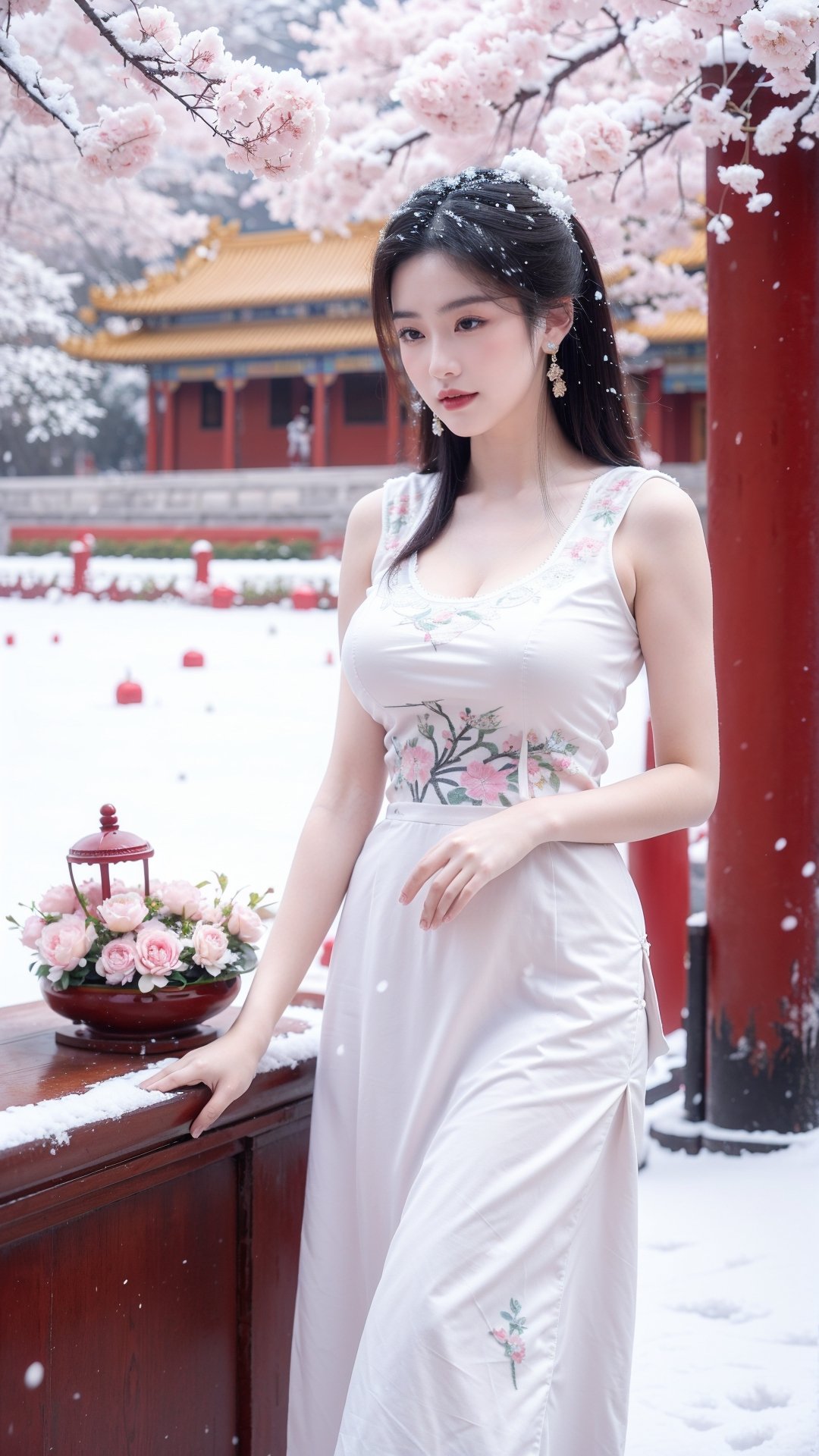 Masterpiece, Best Quality,  qipao,young and beautiful Chinese girl wearing a cheongsam with coiled hair, , wearing vintage Chinese earrings, (big breasts:1.29),in front of the Forbidden City, with a large aperture portrait lens,(big breasts:1.39),embroidered flower patterns,(Peonies, cherry blossoms, plum blossoms:1.3), (snow:1.5),1girl,long skirt,Young beauty spirit 
