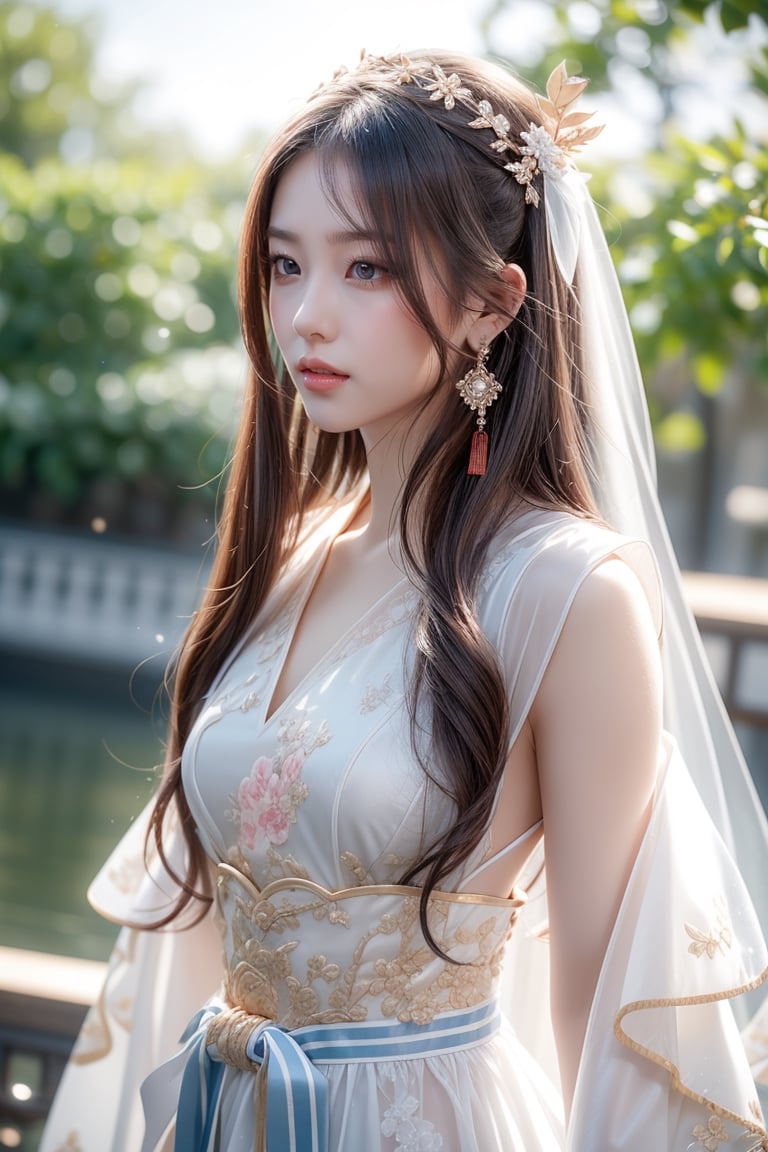 The background is chinese palace garden,midnight,moon,milky way,snow,16 yo, 1 girl,beautiful korean girl,shining bracelet,beautiful hanfu(white, transparent),cape, solo, {beautiful and detailed eyes}, calm expression, natural and soft light, delicate facial features,very small earrings, ((model pose)), Glamor body type, (dark hair:1.2),  beehive,very_long_hair, hair past hip, curly hair, flim grain, realhands, masterpiece, Best Quality, photorealistic, ultra-detailed, finely detailed, high resolution, perfect dynamic composition, beautiful detailed eyes, eye smile, ((nervous and embarrassed)), sharp-focus, full_body, sexy pose,cowboy_shot,ruanyi0060,colorful_girl_v2