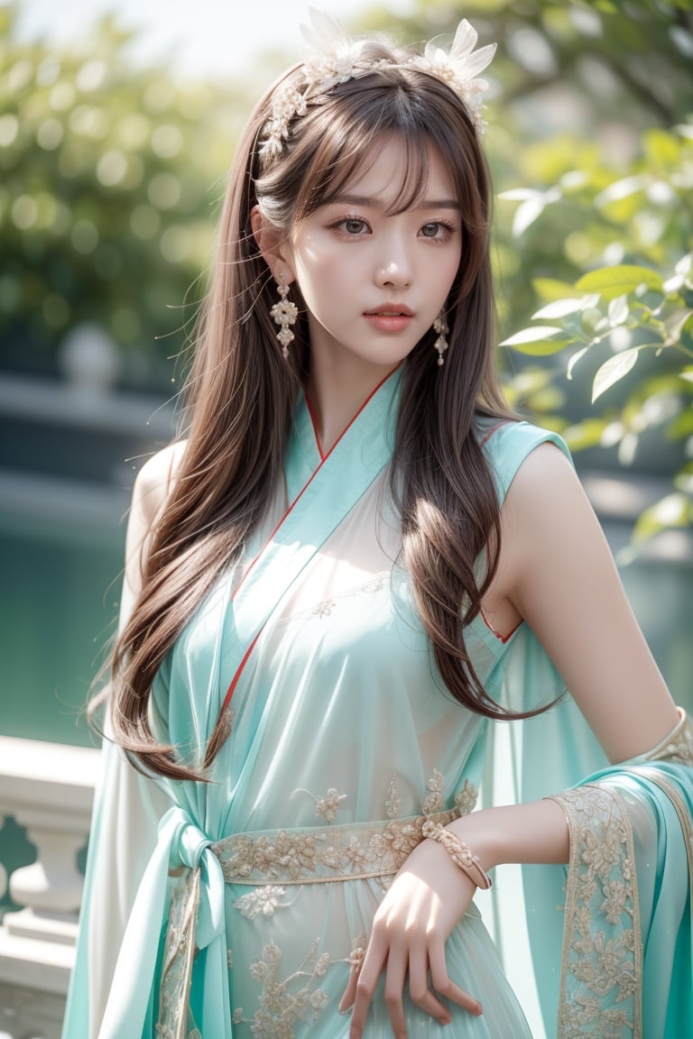 The background is chinese palace garden,midnight,moon,milky way,snow,16 yo, 1 girl,beautiful korean girl,shining bracelet,beautiful hanfu(white, transparent),cape, solo, {beautiful and detailed eyes}, calm expression, natural and soft light, delicate facial features,very small earrings, ((model pose)), Glamor body type, (dark hair:1.2),  beehive,very_long_hair, hair past hip, curly hair, flim grain, realhands, masterpiece, Best Quality, photorealistic, ultra-detailed, finely detailed, high resolution, perfect dynamic composition, beautiful detailed eyes, eye smile, ((nervous and embarrassed)), sharp-focus, full_body, sexy pose,cowboy_shot,ruanyi0060,colorful_girl_v2