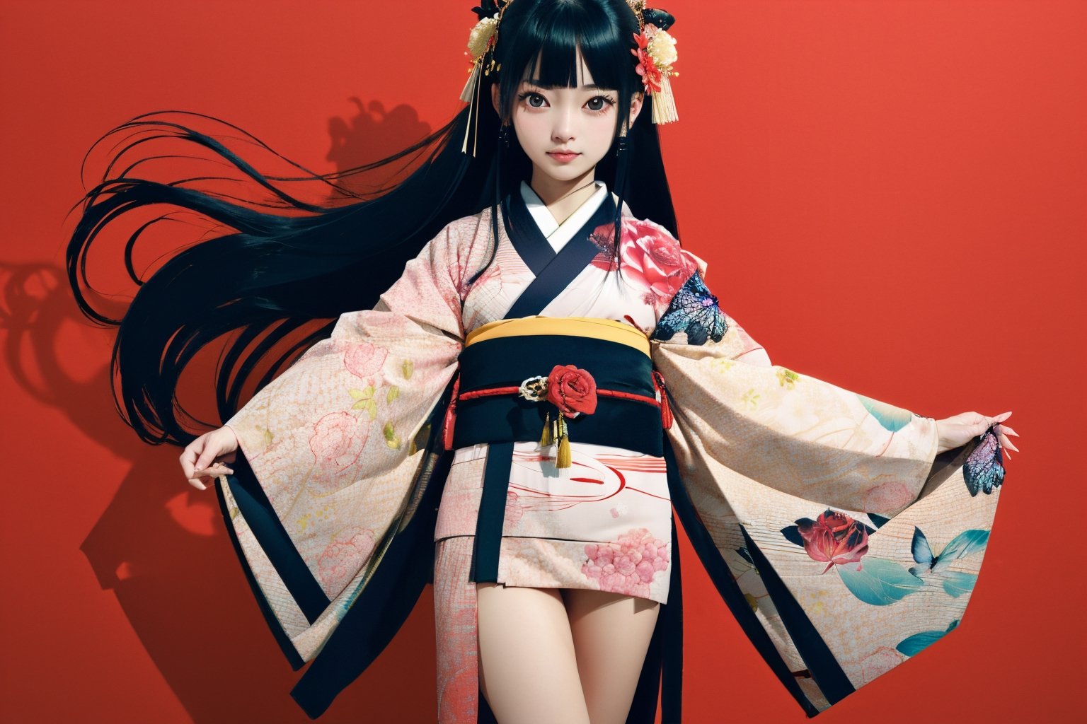 1girl,
thigh,

Enma Ai,
japanese clothes,
long hair,
butterfly,
black hair,
hime cut,
bracelet,
blunt bangs,
jewelry,
black kimono,
red eyes,

Simple background of red black rose lines,
looking at viewer,girl
