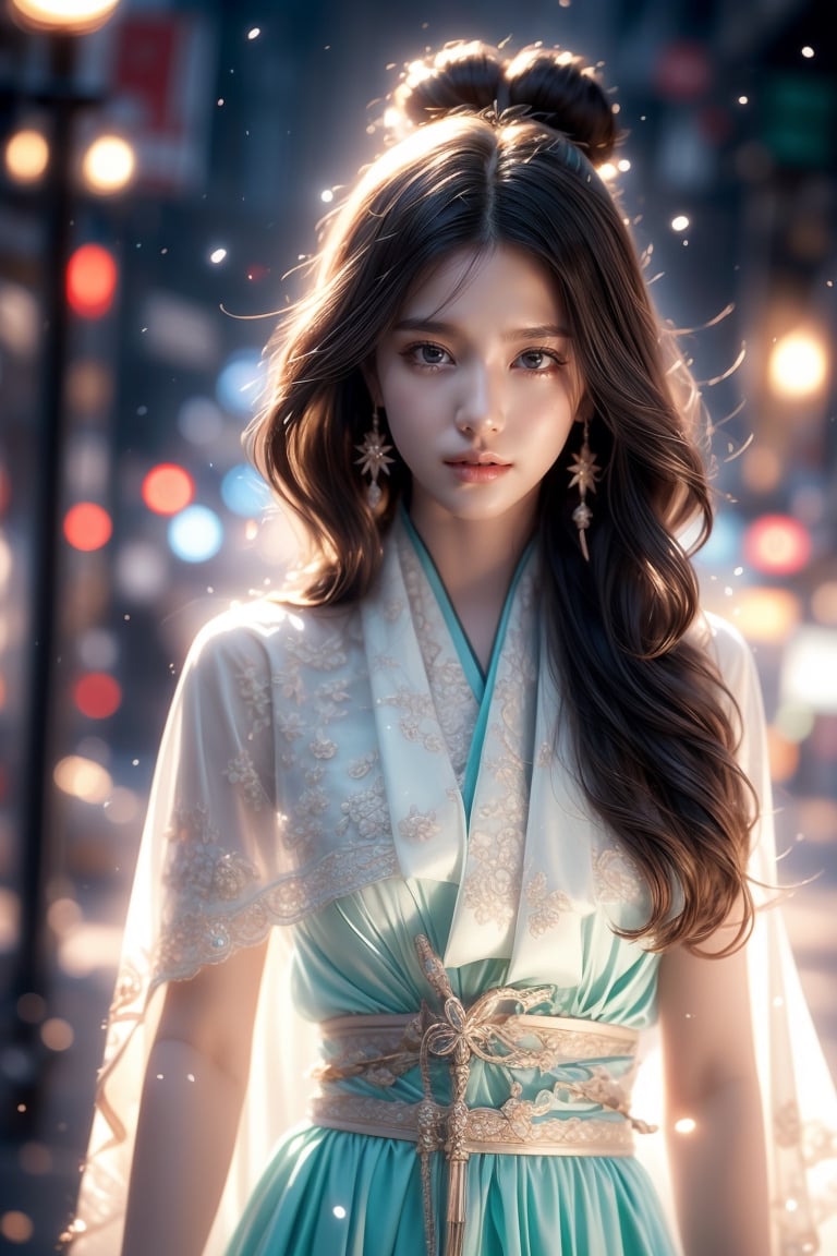 The background is midnight sky,big blue moon,dark night,snow blowing,16 yo, 1 girl,sword,halo,shining bracelet,beautiful hanfu(white, transparent),cape, cloth blowing in wind, solo, {beautiful and detailed eyes}, calm expression, natural and soft light, delicate facial features, cute japanese idol, very small earrings, ((model pose)), Glamor body type, (dark hair:1.2),  beehive,big bun,very_long_hair, hair past hip, curly hair, flim grain, realhands, masterpiece, Best Quality, photorealistic, ultra-detailed, finely detailed, high resolution, perfect dynamic composition, beautiful detailed eyes, eye smile, ((nervous and embarrassed)), sharp-focus, full_body, sexy pose,cowboy_shot,ruanyi0060,Samurai girl