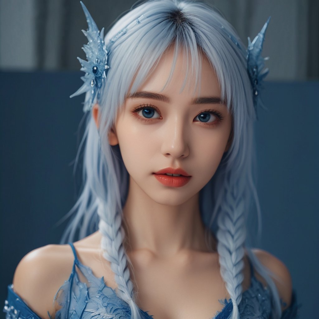 ((best quality)), ((masterpiece)), ((ultra-detailed)), extremely detailed CG, (illustration), ((detailed light)), (an extremely delicate and beautiful), a girl, solo, ((upper body,)), ((cute face)), expressionless, (beautiful detailed eyes), blue dragon eyes, (Vertical pupil:1.2), white hair, shiny hair, colored inner hair, (Dragonwings:1.4), [Armor_dress], blue wings, blue_hair ornament, ice adorns hair, [dragon horn], depth of field, [ice crystal], (snowflake), [loli], [[[[[Jokul]]]]],<lora:659095807385103906:1.0>,<lora:659095807385103906:1.0>