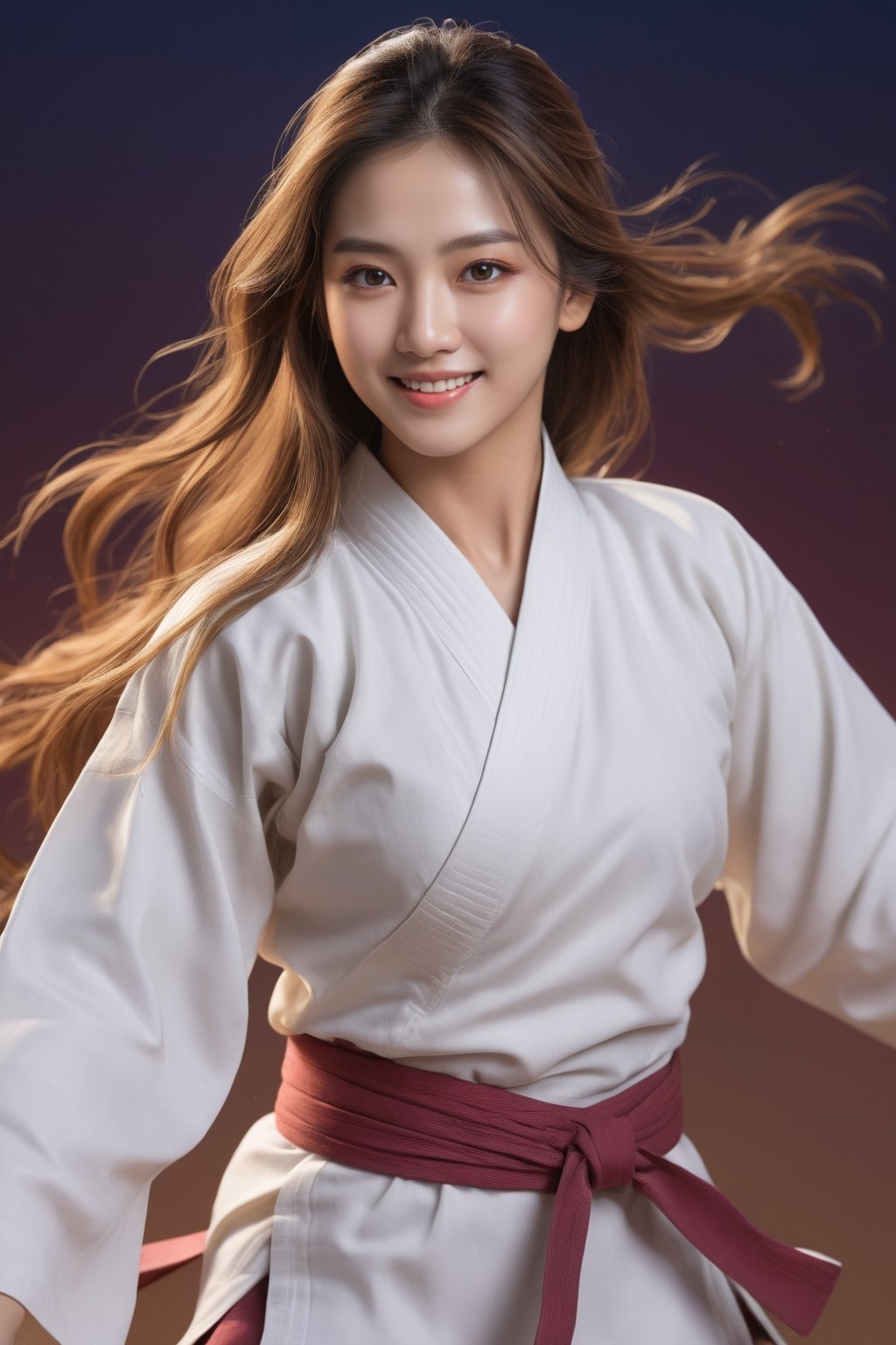 (masterpiece), ((best quality)), ultra-detailed, (illustration), (dynamic angle), (Portrait), (woman), ((detailed face)), (long hair), beautiful detailed gradient eyes, (colourful background), (martial art clothes), traditional clothes, dynamic angle, gold and white lining, (dynamic pose), (mystical landscape), detailed clothes, (good anatomy), gradient eyes, smile,