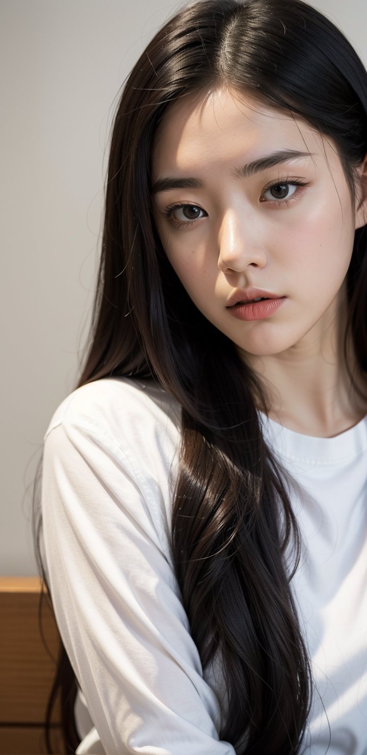 a close up of a woman with long hair wearing a white shirt, 1 8 yo, 18 years old, 19-year-old girl, xintong chen, korean girl, xision wu, heonhwa choe, 2 2 years old, 21 years old, ulzzang, wenfei ye, young cute wan asian face, lips