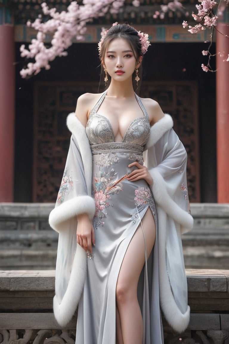 Full body, a beautiful young woman, looking at the audience, proud and expressionless, petals, flowers, colorful, dark amber sacred background, Chinese style ancient palace gorgeous low-cut dress (white and pink theme), silver-gray fur shawl, realism, Realistic skin, clear soft skin, skin detail, pores, particles, large breasts, art