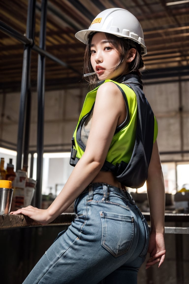 ((Young taiwanese Female wearing safety vest without clothes and biting a thick curved steel bar in construction site)), ((safety helmet and vest )),(((biting a thick curved bended steel bar, and the bar is broken ))),Exquisite details and textures, cinematic shot, Warm tone, wide shot , 