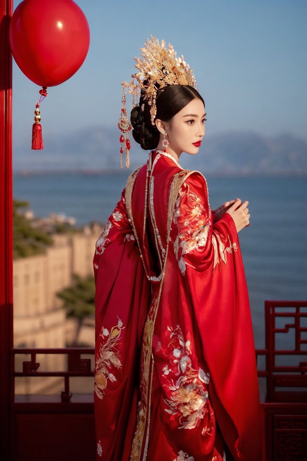 masterpiece,best quality,ultra-detailed,photorealistic,realistic,photography,over the sea,flower,balloon,full body
1girl,jewelry,earrings,solo,long hair,hair ornament,looking back,looking at viewer,red dress,black hair,upper body,closed mouth,blurry,dress,tassel,brown hair,feathers,from behind,chinese clothes,tassel earrings, disgust,frown,furrowed_brow, Fengguanxiapei,凤冠霞帔