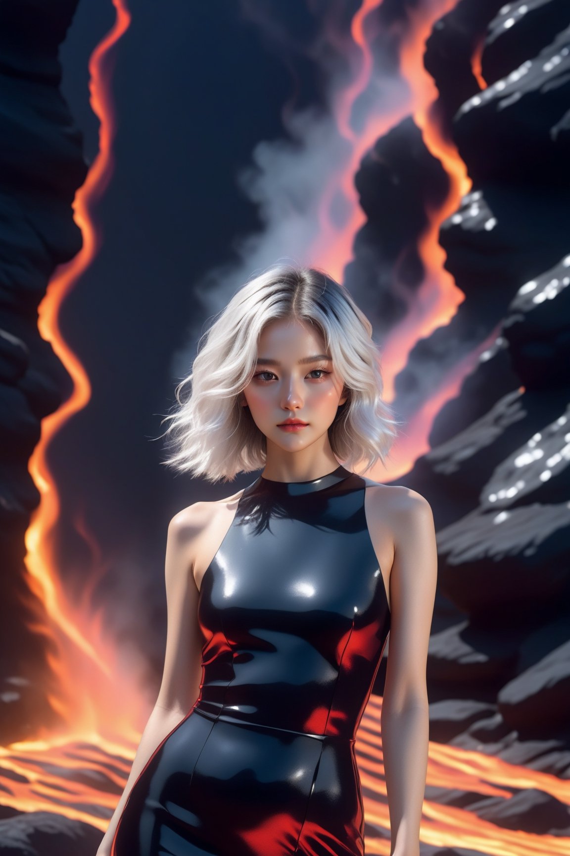 A young woman wearing a fire on Lava black dress style , she has black wavy hair with a streak of white hair, around her a powerful lava background, raytraced, light particles,AI_Misaki