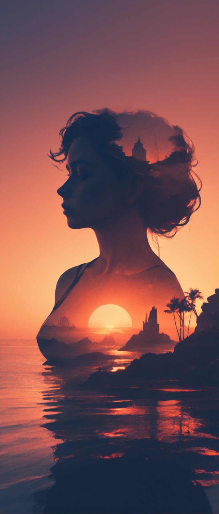 high quality, 8K Ultra HD, double exposure, beautifully designed goddess silhouette and sunset coast, minimalist, crisp lines, awesome full color,Enhanced All