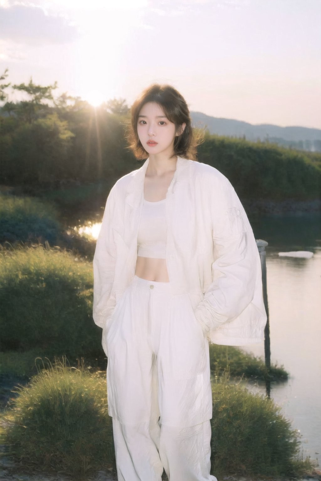 Korean k-pop beauty, 90s Y2K white baggy pants, white windbreaker jacket, white cropped top with design, Japanese classic art Panasonic retro HEADSET, hands in her pockets, mid length layered cut with straight bangs brown hair, stylish makeup, fashion hairstyle, short hairstyles, glows in the golden light of the setting sun, sunset, dreamgirl,1girl,solo, resort, sea side