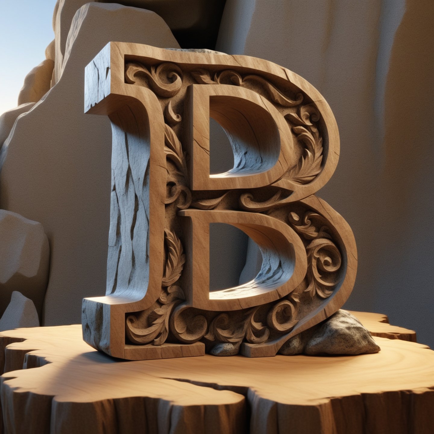 single rustic and robust capital letter B carved into the rock ornament  in vertical position over single clear wood table, all bords  soft curved, no acute corners