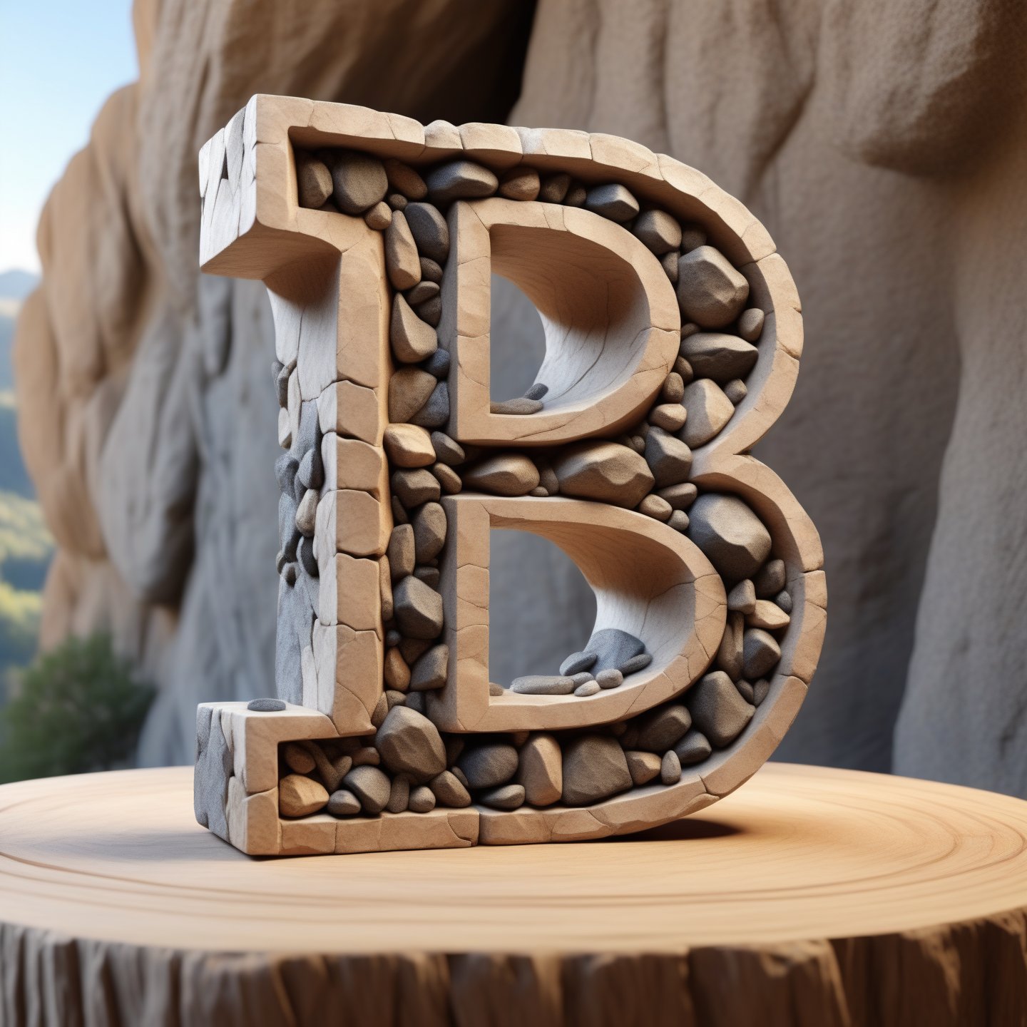 single rustic and robust capital letter B ornament carved into the rock composed by  tiny rocks foormat,  in vertical position,  over single clear wood table, all bords  soft curved, no acute corners