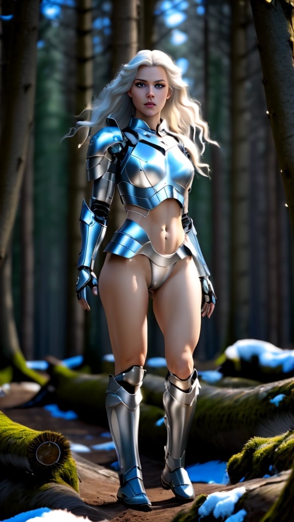 (4k), (masterpiece), (best quality),(extremely intricate), (realistic), (sharp focus), (cinematic lighting), (extremely detailed),
photograph, 3d rendering, full body portrait, MODELSHOOT STYLE, front view. young beauty girl, cyborg (WITHOUT NEON LIGHTS IN ARMOR),  ARMOR DONT COVER LEGS, KNEES, THIGHS. face SUAVE, cuerpo femenino ATHLETIC MATURE perfecto, clear BIG EYES, WHITE HAIR  NORDIC (grande, largo ondeando, STRAIGHT ) , cintura estrecha, astir natural, sola (no one more), the scenary is a NORDIC FOREST en mañana clara,
