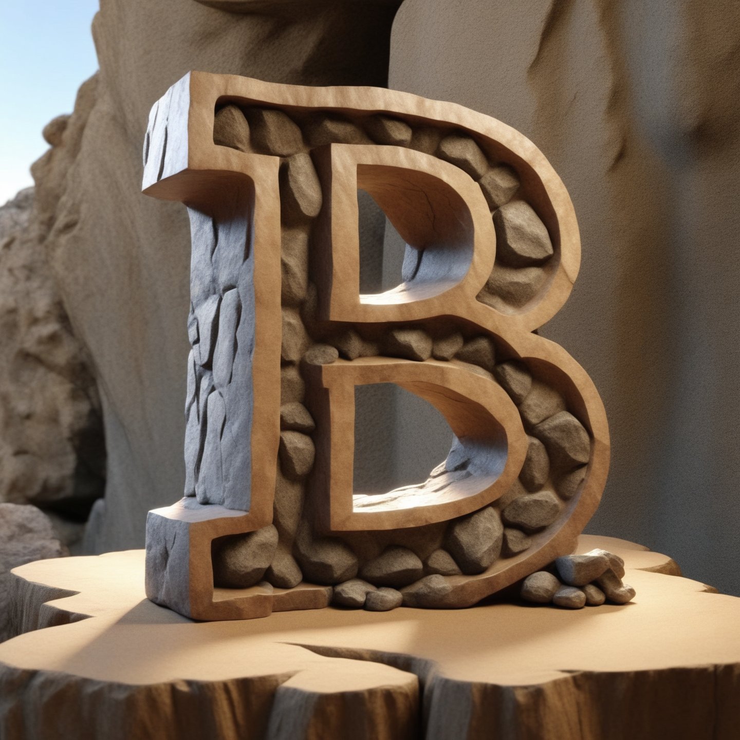single rustic and robust capital letter B ornament carved into the rock at small rocks foormat,  in vertical position,  over single clear wood table, all bords  soft curved, no acute corners