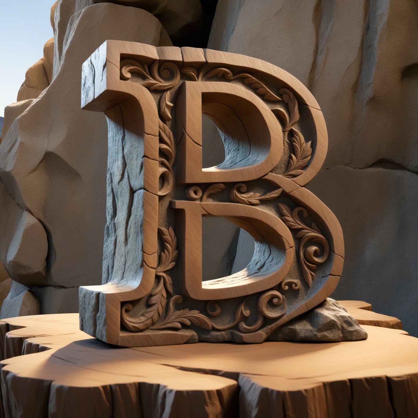 single rustic and robust capital letter B carved into the rock ornament  in vertical position over single clear wood table, all bords  soft curved, no corners