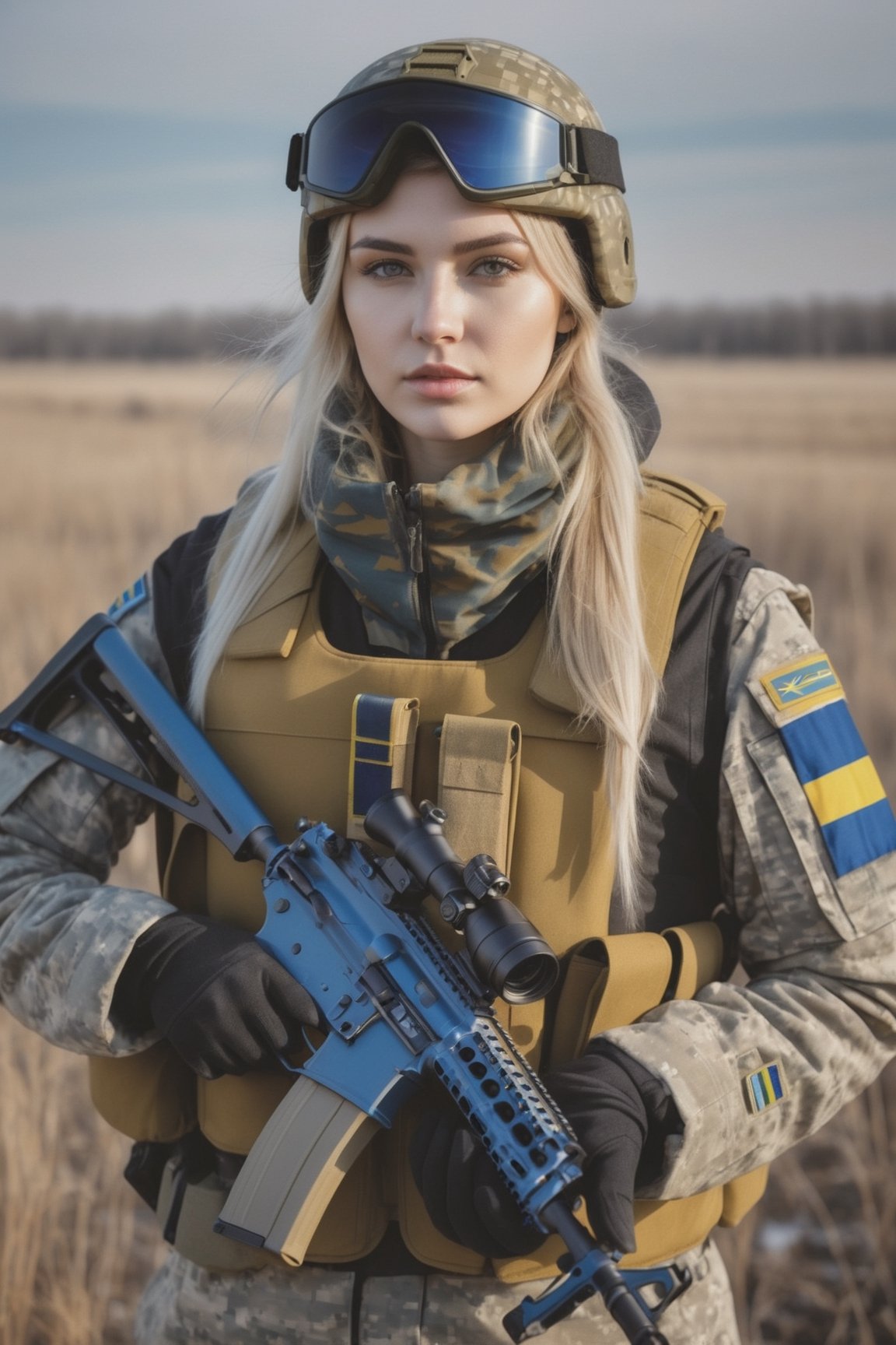 A beautiful Ukrainian girl with fair hair and fair skin. She is dressed in a winter military uniform of the NATO standard, with a pixelated pattern on the fabric of the uniform. On the body is a bulletproof vest and on the head is a military helmet in the tone of the bulletproof vest. On the sleeve is a chevron, in the form of a flag made of two equally sized horizontal stripes of blue and yellow colors. She is holding a white Kriss Vector carbine in her hands. Her focused gaze and confident body posture radiate unearthly beauty. In the background, the landscape of the Ukrainian winter steppe, with gashes on the ground from explosions.
Analog photograph, professional fashion photoshoot, hyperrealistic, masterpiece, trending on artstation.