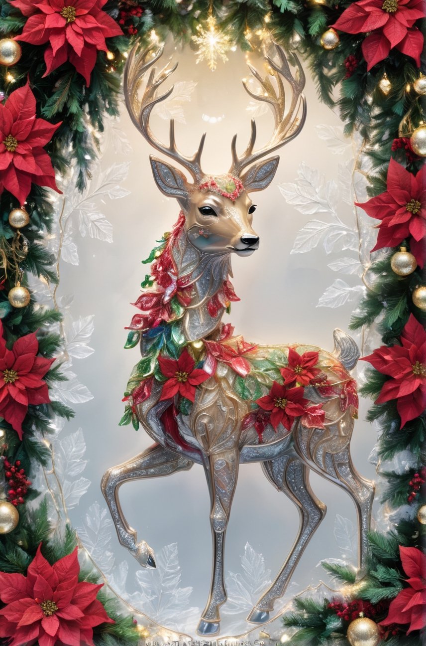 Create a intricately detailed christmas crystal deer ornament, ornate, detailed, Christmas vibe, lit from behind, ultradetailed, ultrarealistic,  gleaming, work of beauty complexity and complexity, close-up, chrismascore,  christmas, ColorART, poinsettia flowers cascading, christmas ornaments, colorful