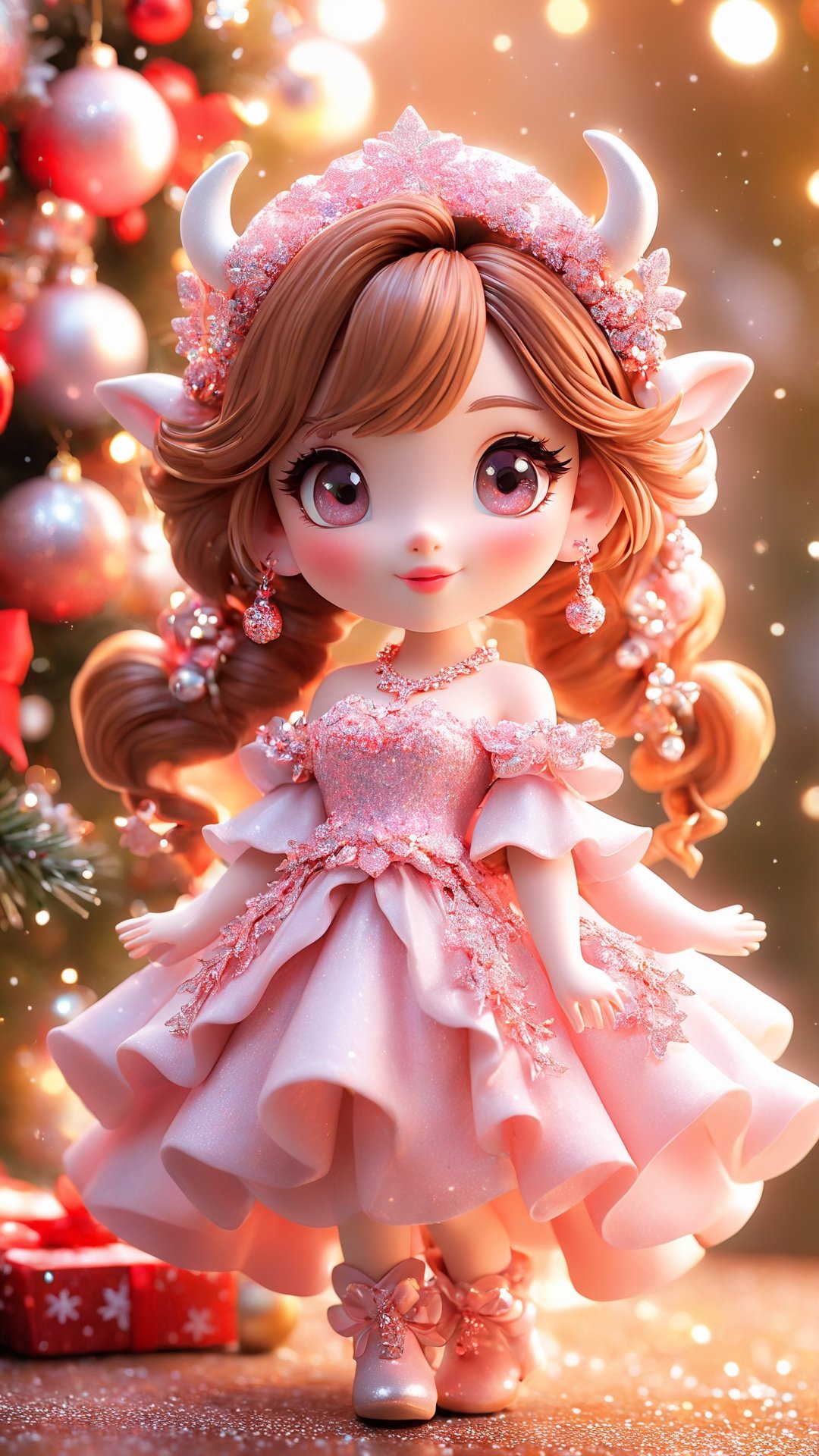 Christmas style, snowing, Christmas tree, Christmas gifts, Christmas decorations, daylight effect, (Realistic, Photorealistic: 1.37), (Masterpiece, Best Quality: 1.2), (Ultra HD: 1.2), (RAW Photo: 1.2 ), (Facial focus: 1.2), (Ultra-detailed CG unified 8k wallpaper: 1.2), (Beautiful skin: 1.2), (Fair skin: 1.3), (Super sharp focus: 1.5), (Super sharp focus: 1.5), (Beautiful face: 1.3), (Super detailed background, detailed background: 1.3), Bokeh, depth of field, breaks, very cute and beautiful photos ((Japanese little chibi 🦌princess with Japanese style hair and small antlers: 1.4)), ( 21 years old: 1.1), ((Extra wide full body: 1.6)), ((Chibi in Christmas costume: 1.5)), (Christmas flowers in bloom: 1.4), (Studio lights: 1.3), (Movie lights: 1.3), (Backlight: 1.3), full body lighting, Look Straight, dynamic pose, BREAK, (gorgeous and luxurious DOIR dress: 1.3, modern, delicate clothes), bare shoulders, collarbone, BREAK, (beautiful eyes, princess eyes), (mahogany hair , single hair, bangs, curls), (between eyes), (slender,), solo, (parted lips, pink lips), (shiny skin), glitter jewelry, BREAK, (detail of Terragen waterfall and river background: 1.25, night background, indoor),  (KnollingCase: 1.4), Christmas flowers, Christmas tree, gift box, bells, Christmas socks, (seductive smile: 1.15) , (perfect female body), (transparent 💎👠: 1.4), perfect anatomy, perfect proportions, facial focus, surreal photos, ultra-clear images, ultra-detailed images, beautymix, chibi, Christmas gifts on feet side,