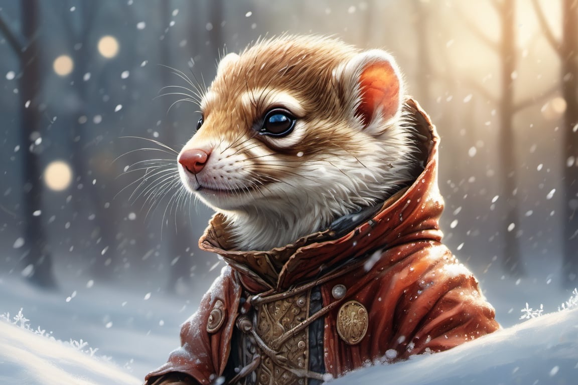 Hyper-detailed  painting, Jean-Baptiste Monge style, a cute little  weasel in the snow dressed as a fearsome knight, splash, glittering, cute and adorable, filigree, lights, fluffy, magic, surreal, fantasy, digital art, ultra hd, hyper-realistic illustration, vivid colors, UHD, cinematic perfect light,

greg rutkowski, Extremely Realistic