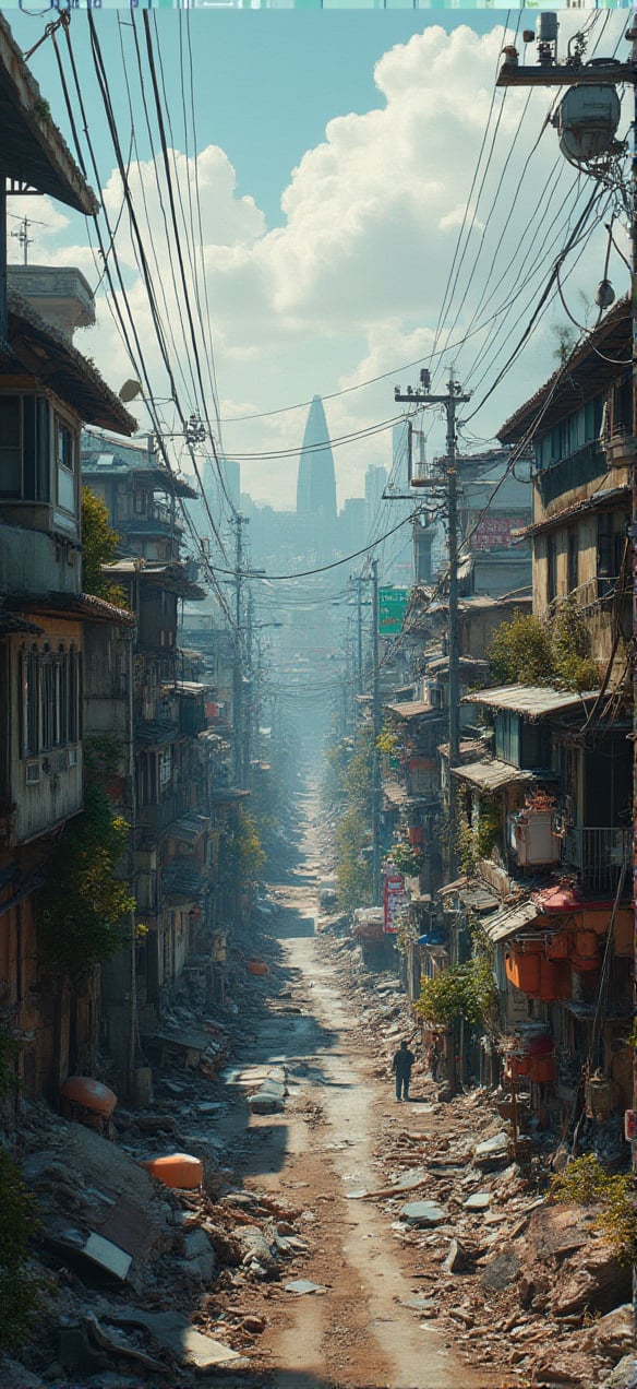 In a dystopian Tokyo, the third world war rages on. Amidst the chaos, a cityscape unfolds with houses reduced to rubble and debris-strewn streets. In the midst of destruction, a sense of unity is achieved through composition, as diagonal lines converge towards a central point. A masterful artist captures this surreal scene in 4K resolution, with fine details that transport us into the heart of devastation. Vibrant colors, elevated saturation, and bold brushstrokes bring forth a work of art that transcends reality, as if plucked straight from the canvas of a surrealist masterpiece.