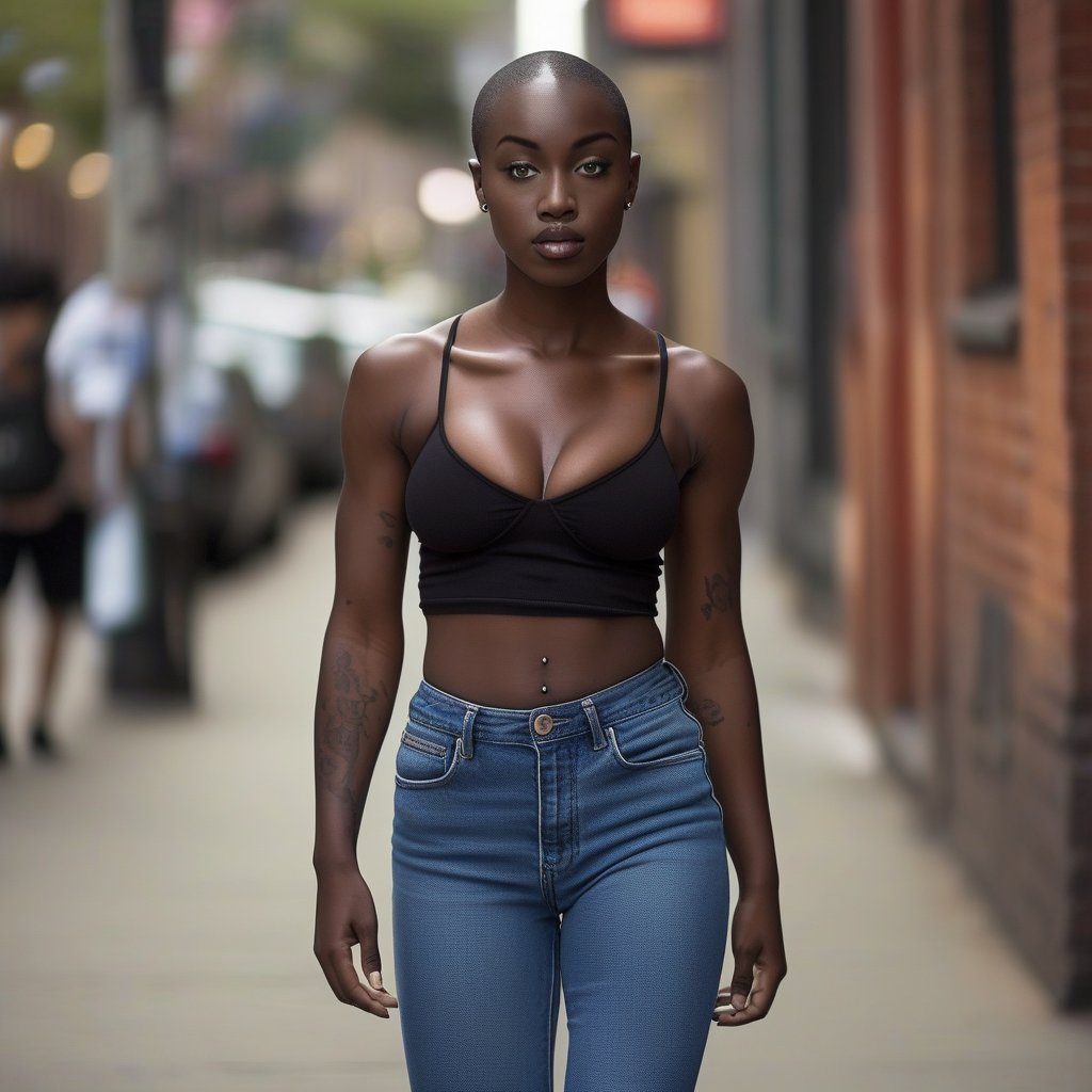 Full body photo of 1girl wearing tight jeans and crop top walking down a street with a powerful pose
, (40 yo, athletic, bald, african, green eyes, small breast, wide hips, big ass, thick thighs, tattooed body)
