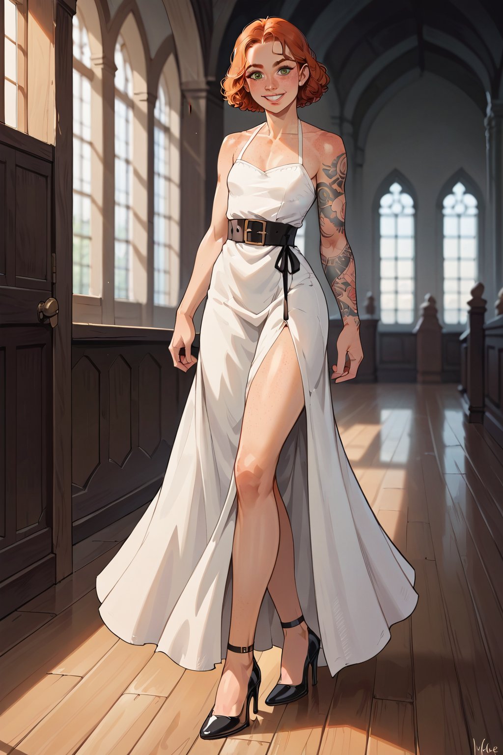 cute girl, round face, big nose, curly short bright red hair, big green eyes, wide hips, big butt, flat chest, muscular legs, strong thighs, freckles, tattooed arms, pubic hair,

elegant long medieval dress, belt, high heels, dancing in hallway of monastery, light shining through windows on side, smiling, rating_safe,

score_9, score_8_up, score_7_up, score_6_up, source_anime, high res image,masterpiece,best quality, clear skin,shiny hair,ultra detailed eyes