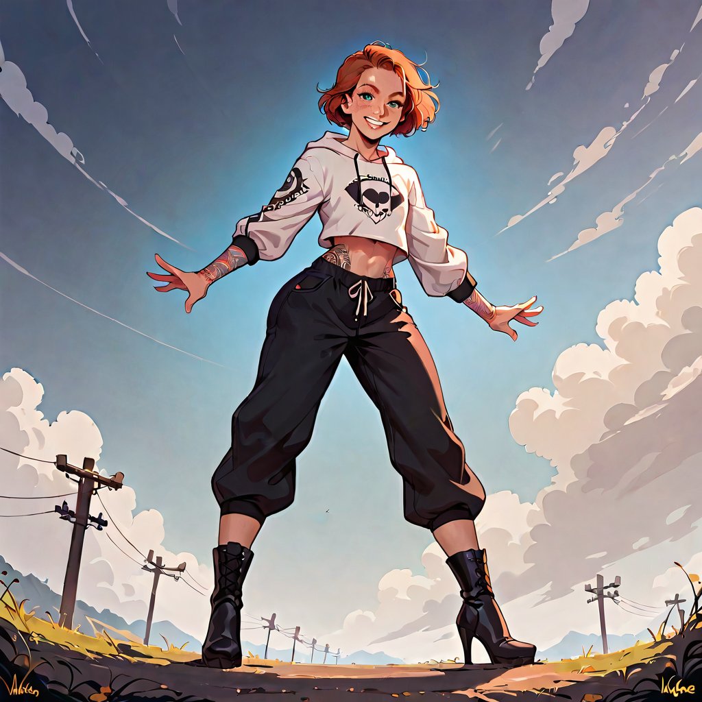 cute girl, round face, big nose, short red hair, big green eyes, wide hips, big butt, flat chest, muscular legs, strong thighs, freckles, tattooed arms,

wearing baggy pants, baggy hoodie, high-heeled boots, powerful pose, standing on hill looking over wastelands below, smiling, windy, dramatic sky, rating_safe, 

score_9, score_8_up, score_7_up, score_6_up, source_anime, high res image,masterpiece,best quality, clear skin,shiny hair,ultra detailed eyes