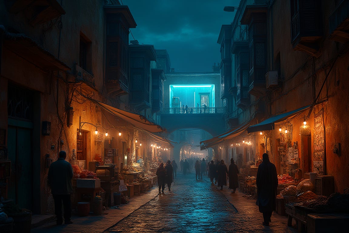 Here is a photorealistic nighttime scene: A narrow street in Marrakesh's historic medina, captured from a low angle, with traditional Moroccan architecture dominating the view. The soft, flickering torch light casts warm hues and dancing shadows across textured surfaces, creating a mysterious ambiance. Locals and tourists bustle along the cobblestone street, partially obscured in the dim light, adding depth and movement to the composition.

In this timeless setting, a futuristic villa with a sleek glass front stands out: its design a bold departure from its surroundings. Bright blue neon lights illuminate the villa's windows, casting an otherworldly glow that spills onto the street and nearby buildings. Small businesses line the street, their wares spilling out onto the walkway – vibrant textiles, aromatic spices, and handcrafted goods are dimly visible in the low light.

The scent of incense and grilled meats fills the air, along with the murmur of conversations in various languages, and the occasional call of a vendor. The juxtaposition of the ancient medina and the futuristic villa creates a surreal, cinematic quality, emphasizing the collision of past and future in this atmospheric Moroccan streetscape.