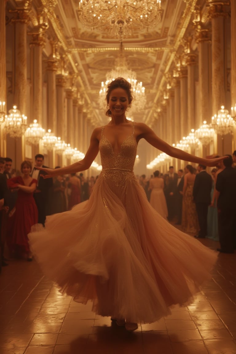 A photorealistic close-up image of a 40-year-old woman dancing alone in the luxurious setting of the Vienna Opera Ball. She is dressed in a stunning, elegant gown with a narrow waist, the fabric shimmering under the soft light of the grand chandeliers. Her face beams with joy as she moves gracefully across the ballroom floor, her flowing dress twirling around her. The opulent ballroom is adorned with gold accents, sparkling chandeliers, and rich velvet curtains. The other guests are barely visible, standing at the edges of the room, while the focus is on the woman’s radiant smile and elegant dance in this splendid and majestic atmosphere.